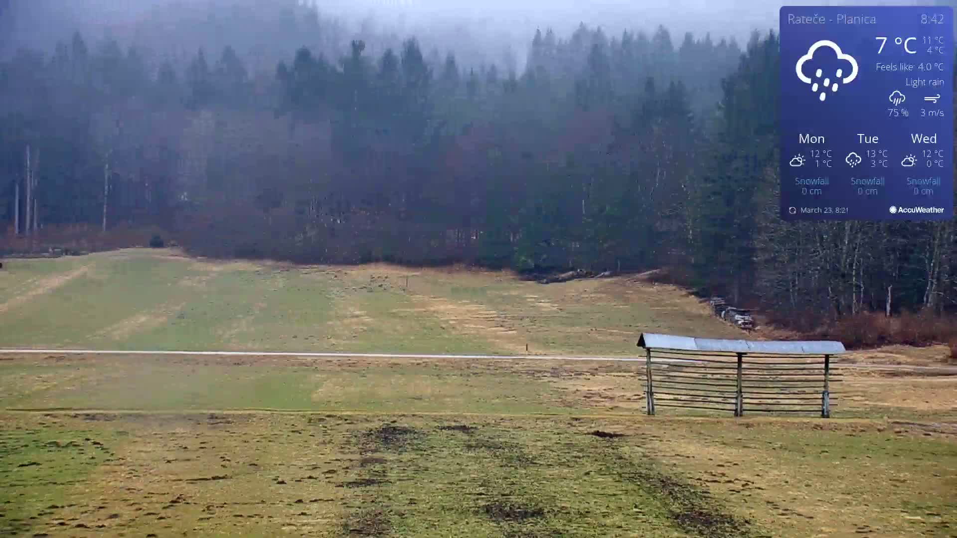 A light rain falls on a grassy field with a wooden structure in the foreground and a forest in the background under an overcast sky.
