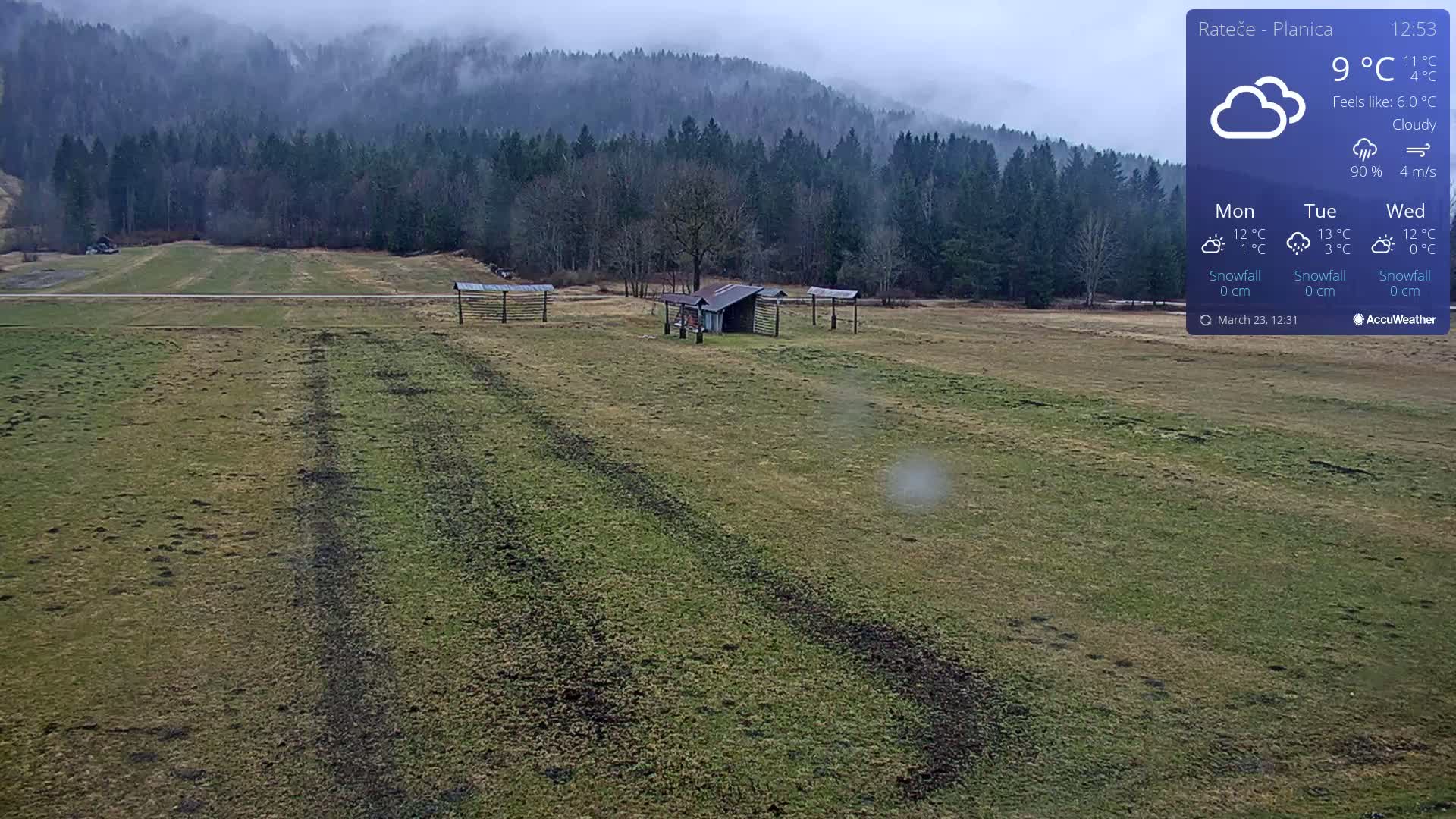 A cloudy day reveals a grassy field with tire tracks, a small shed, and wooden structures, all set against a backdrop of a misty forest-covered mountain.