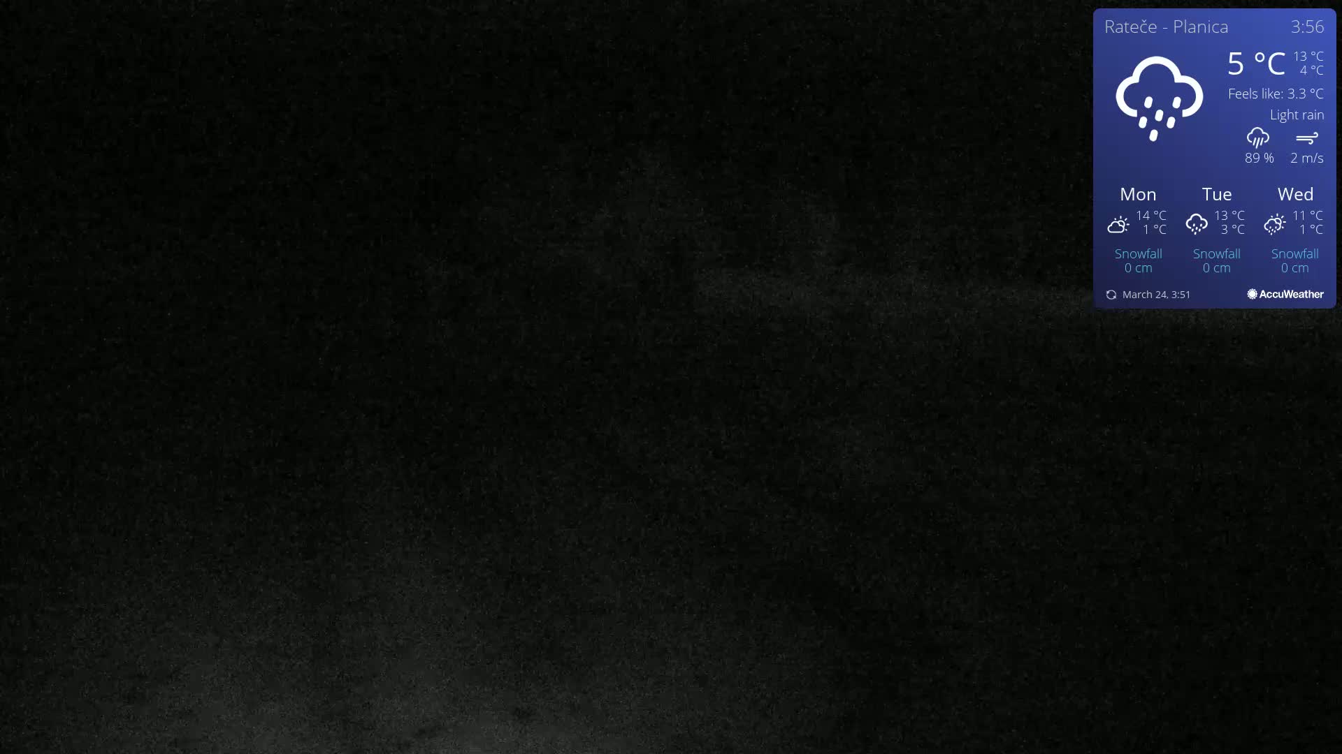A dark, nighttime image shows light rain under overcast skies.