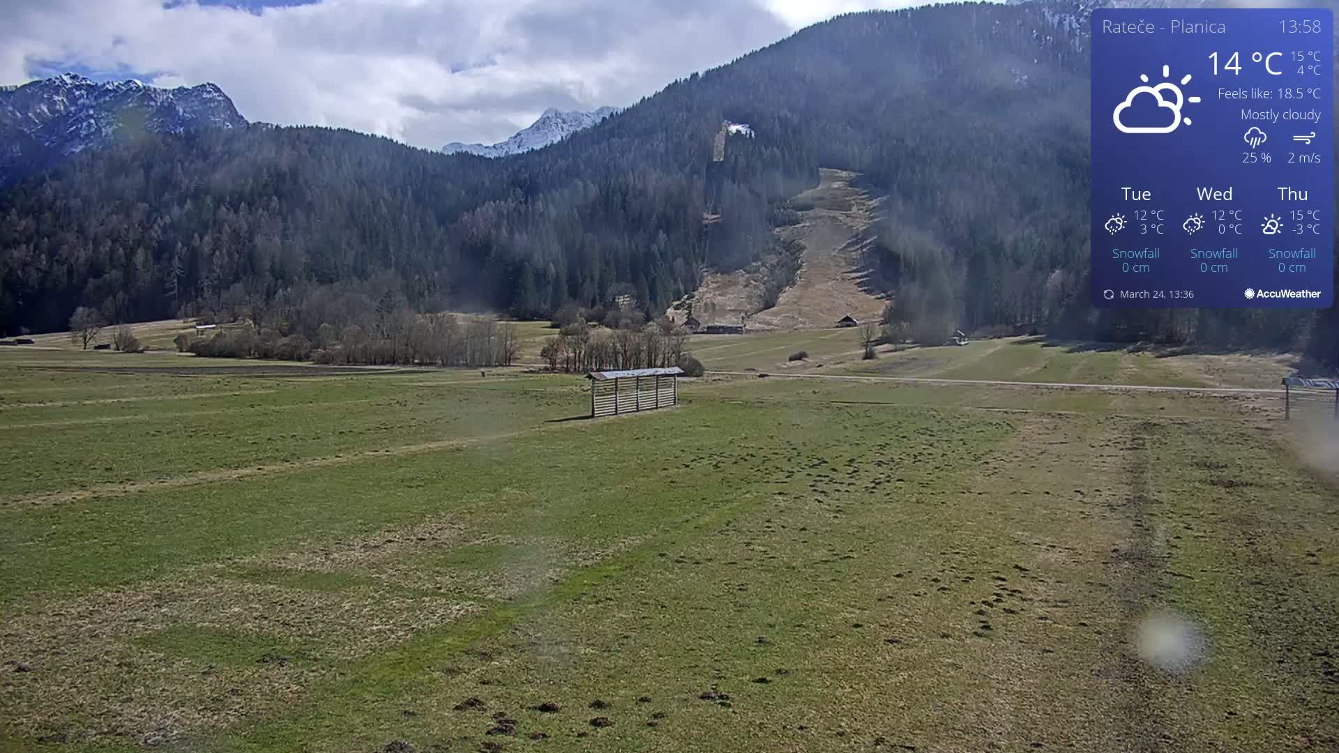 A mostly cloudy day reveals a wide, grassy field, a wooden structure, and snow-capped mountains in the background.