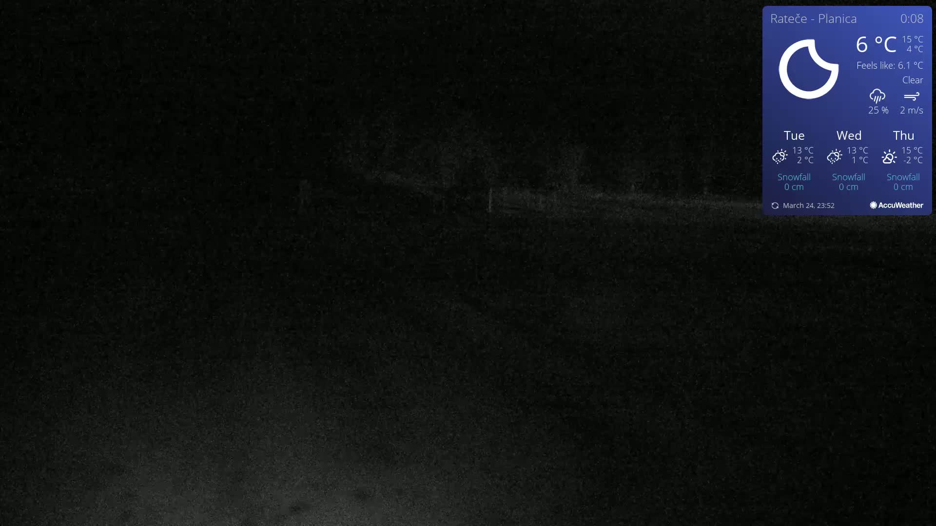 A dark, nighttime image of a clear, outdoor scene shows a dimly lit, flat expanse of land with some indistinct features in the middle distance.