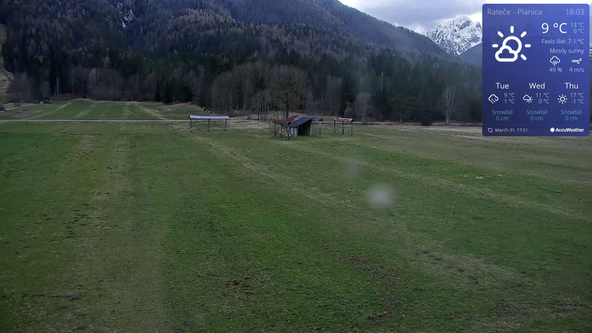 A mostly sunny, 9°C day shows a green field with a small shed and wooden structures, backed by a line of trees and mountains.