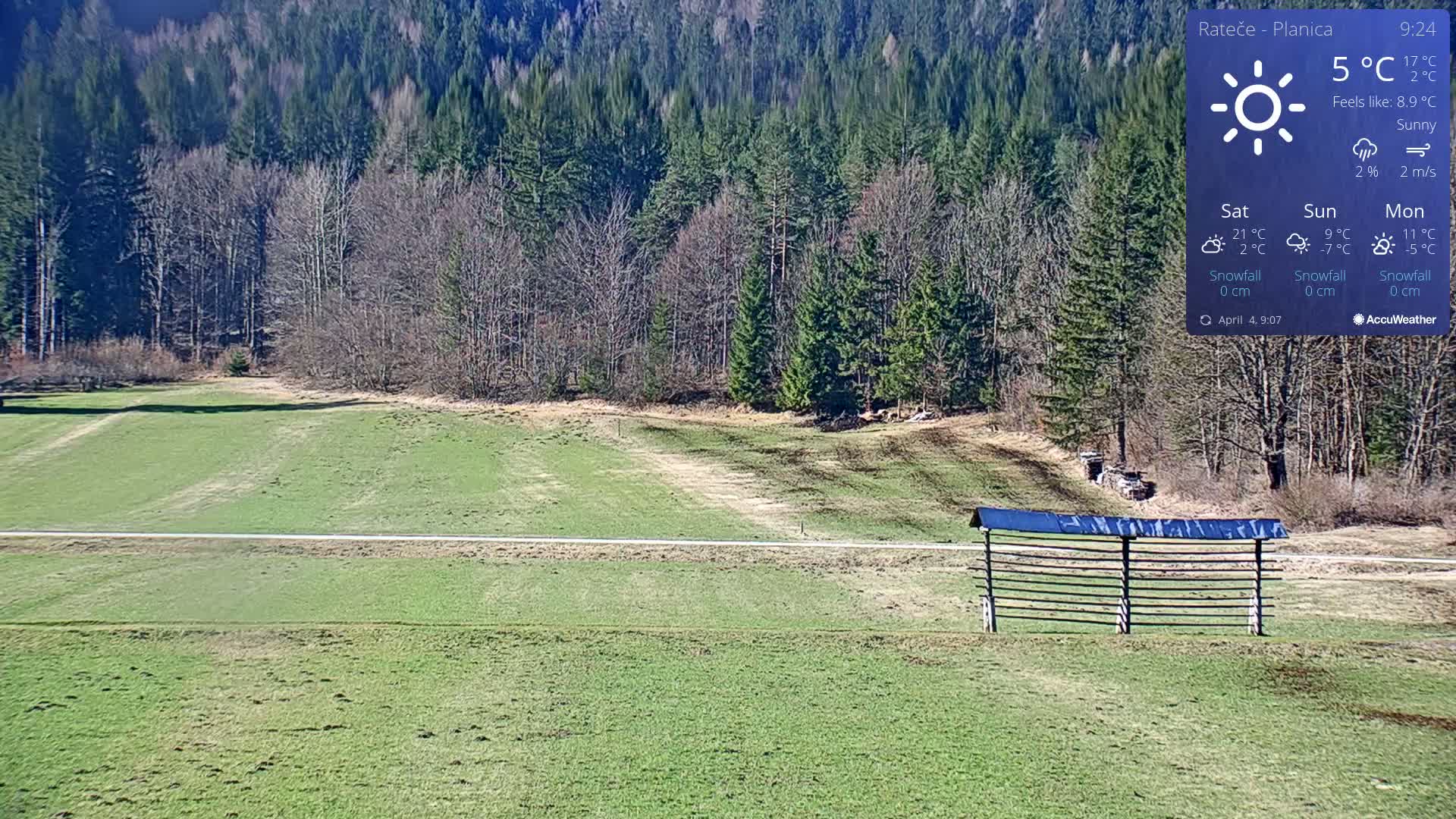 A sunny, grassy field with a wooden structure in the foreground, backed by a forest under a mostly clear sky.