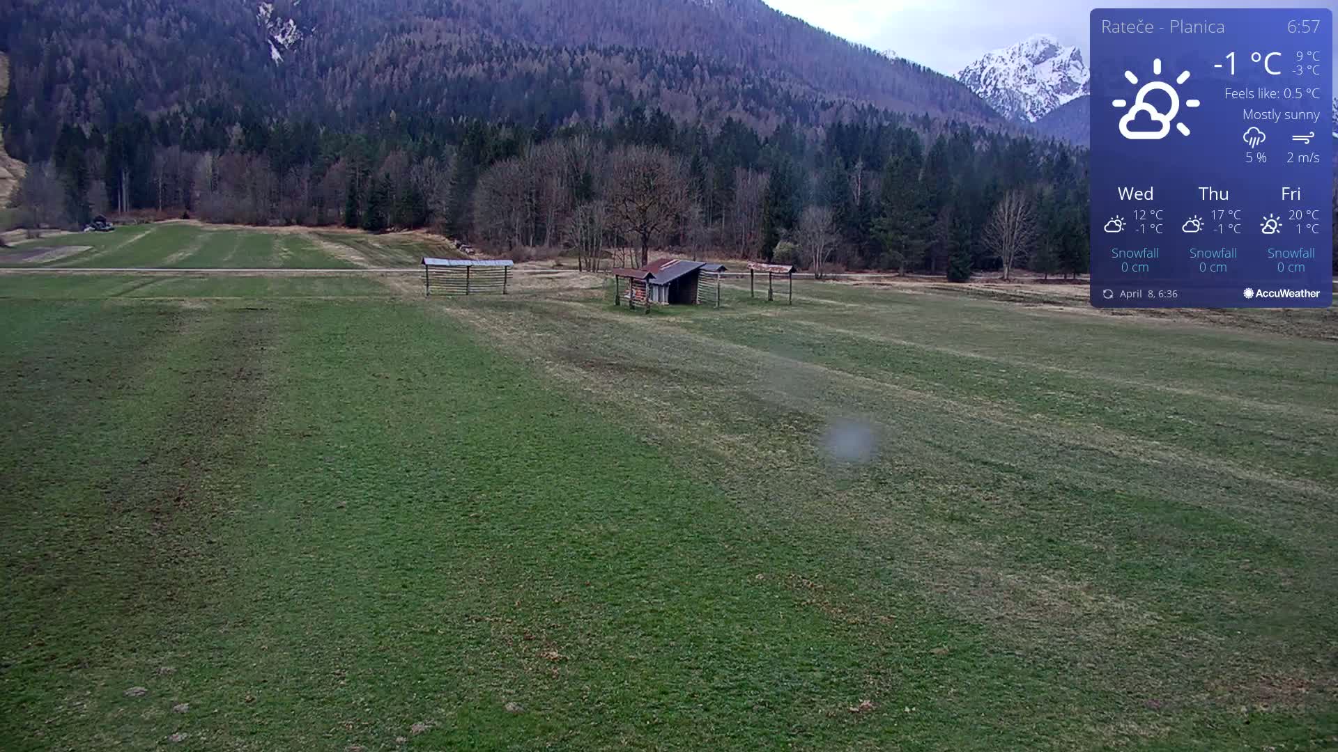 A mostly sunny, -1°C day reveals a green field with several simple structures and wooden fences, backed by a forest and distant mountains.