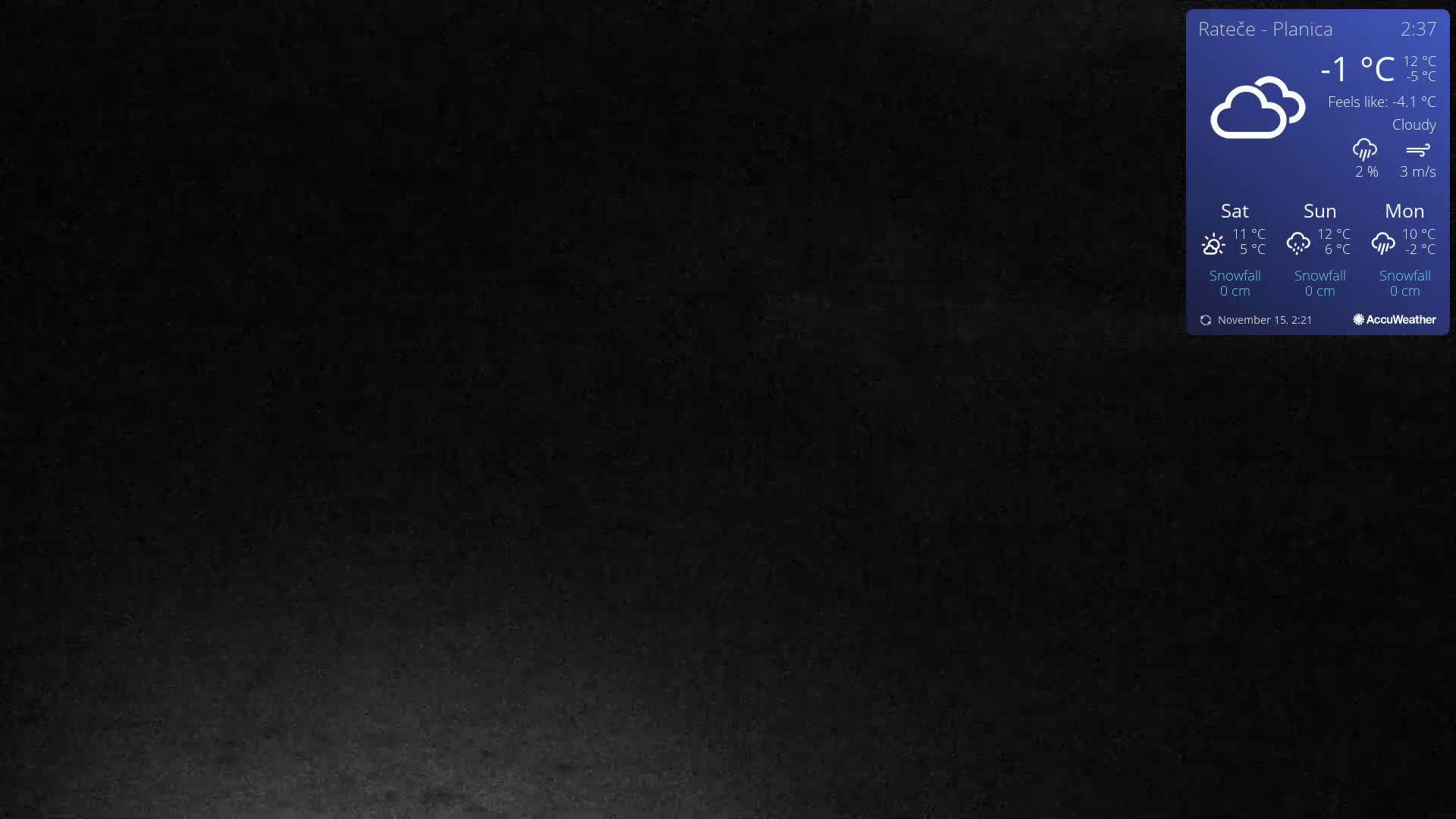 The image presents an extremely dark and largely indistinct scene, under cloudy conditions with a temperature of -1°C feeling like -4.1°C and a 3 m/s wind.