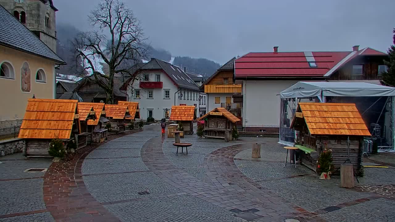 A village square with several small wooden stalls, a church, and buildings under an overcast sky.