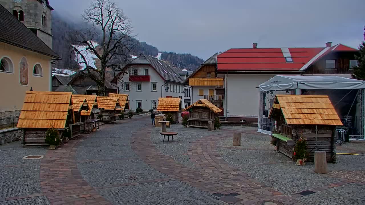 A stone plaza in a mountain village features several small wooden stalls with wood shingle roofs, surrounded by buildings, under an overcast sky.