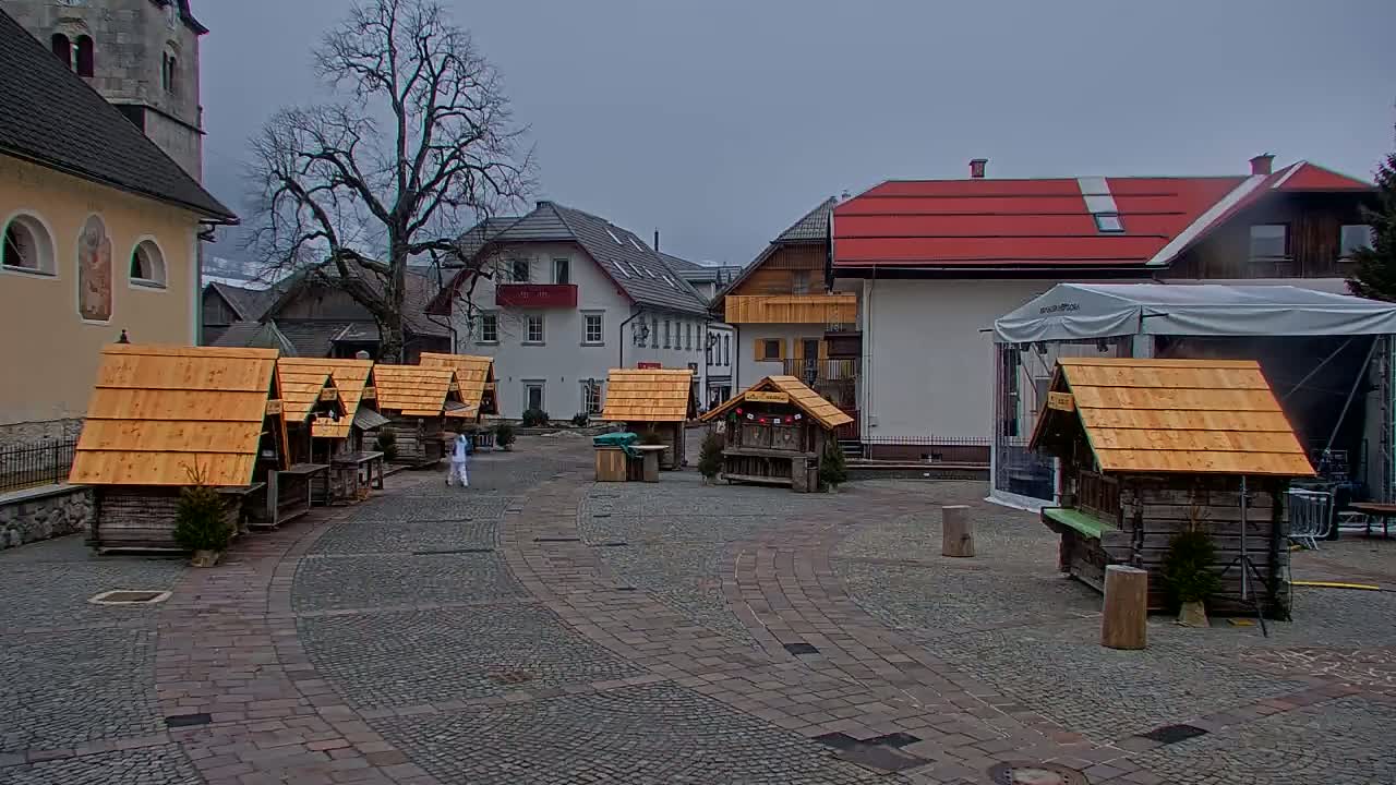 A town square with several small wooden stalls, a church, and buildings under an overcast sky.