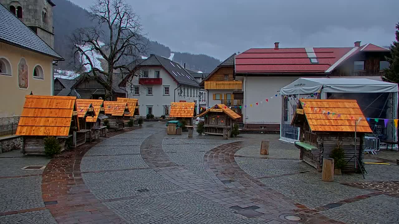 A town square with small wooden market stalls under a cloudy sky, surrounded by buildings in a mountainous region.
