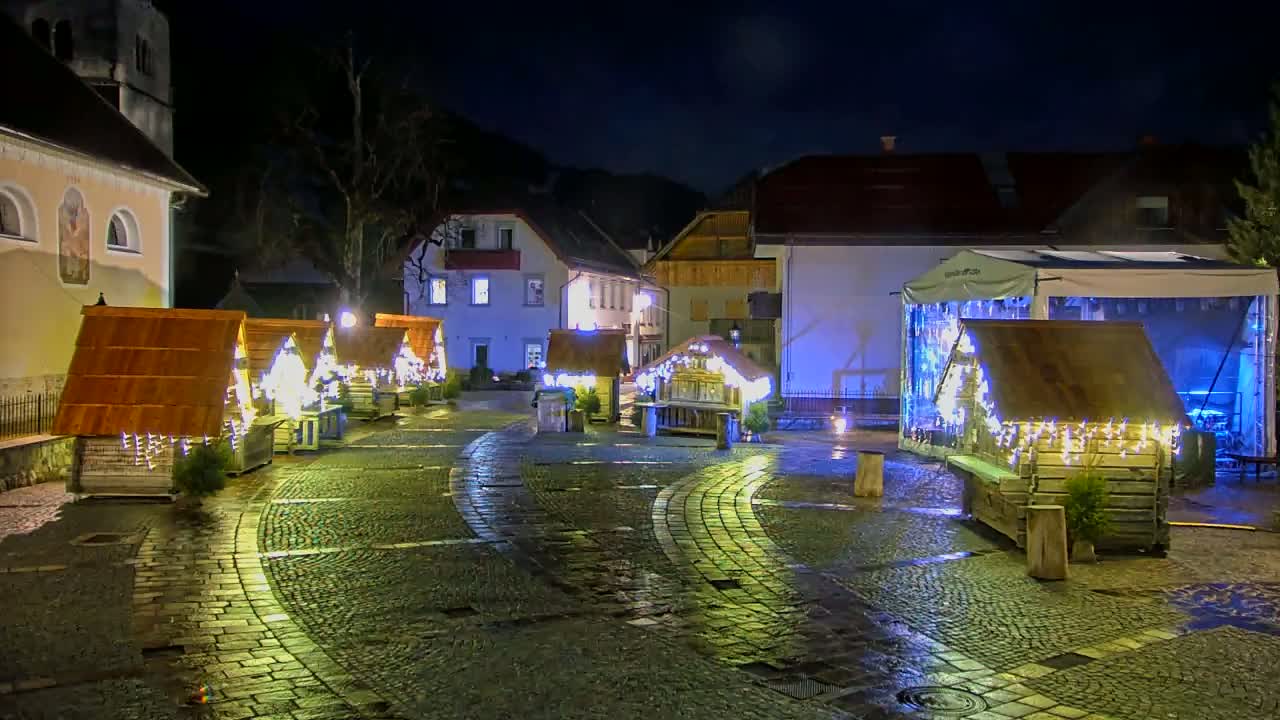 A cobblestone town square at night is illuminated by the lights strung on several small wooden huts, with buildings in the background.