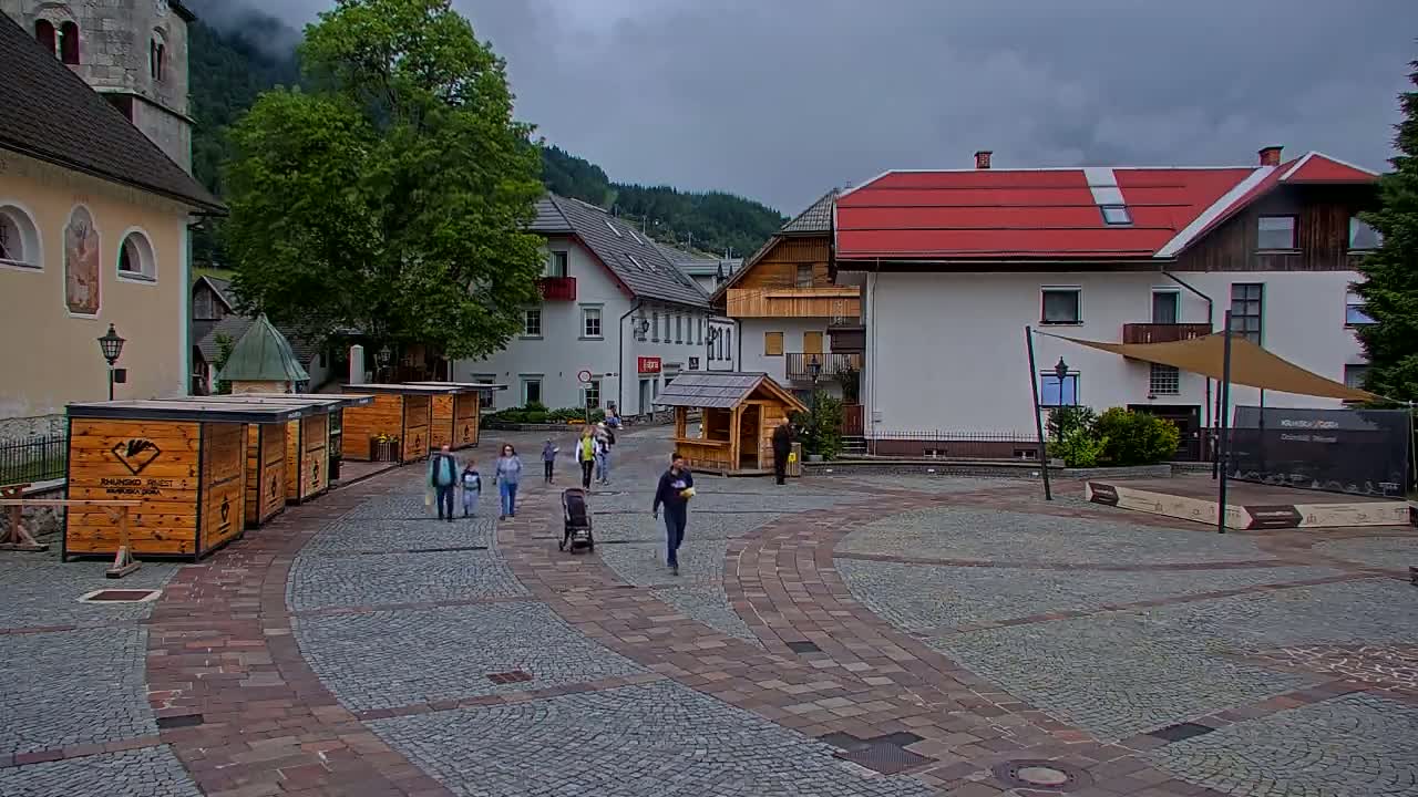A cobblestone town square with several buildings, some small wooden kiosks, and a few people walking, under an overcast sky.