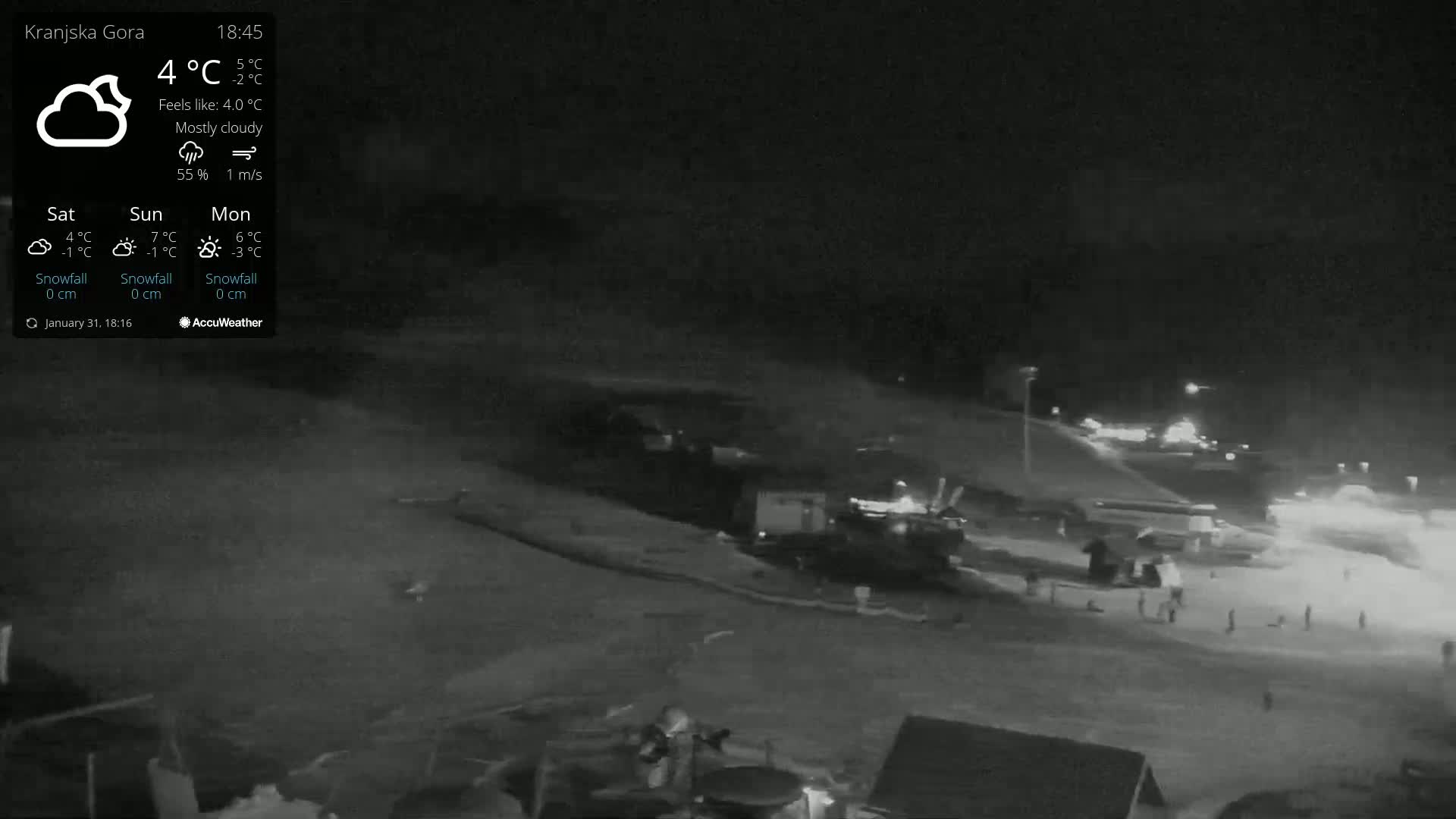 A nighttime, mostly cloudy scene shows a snow-covered slope with several people and vehicles near a parking lot under dim lighting.