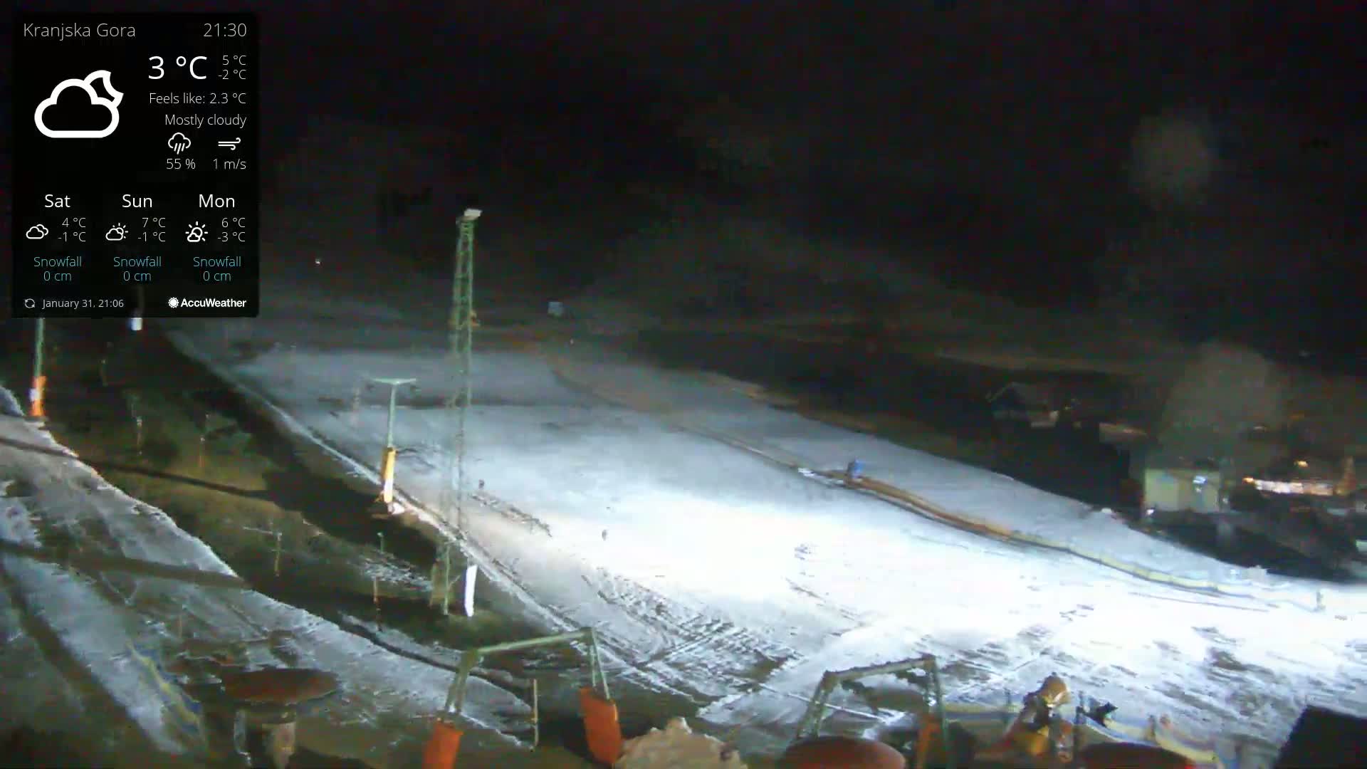 A mostly cloudy night scene shows a snow-covered slope illuminated by artificial lights.