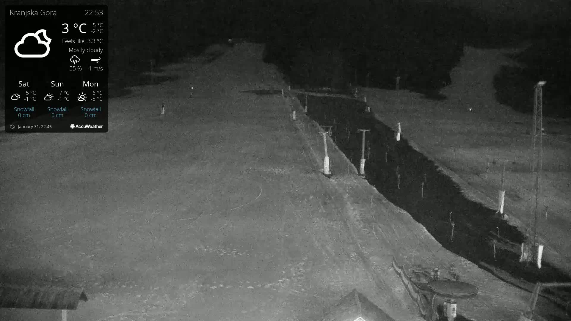 A mostly cloudy night scene shows a snow-covered slope with a dark path beside it, under light wind conditions.