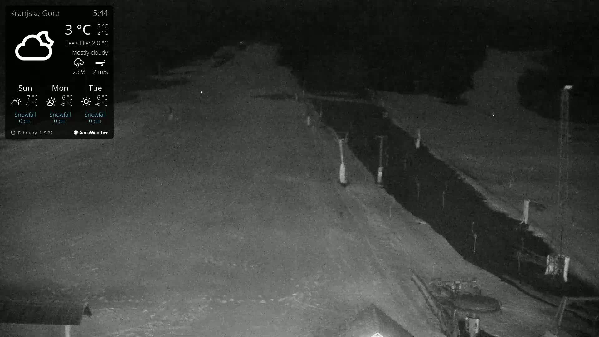 A nighttime, mostly cloudy scene shows a snow-covered area with a dark, possibly paved, path or road next to it.