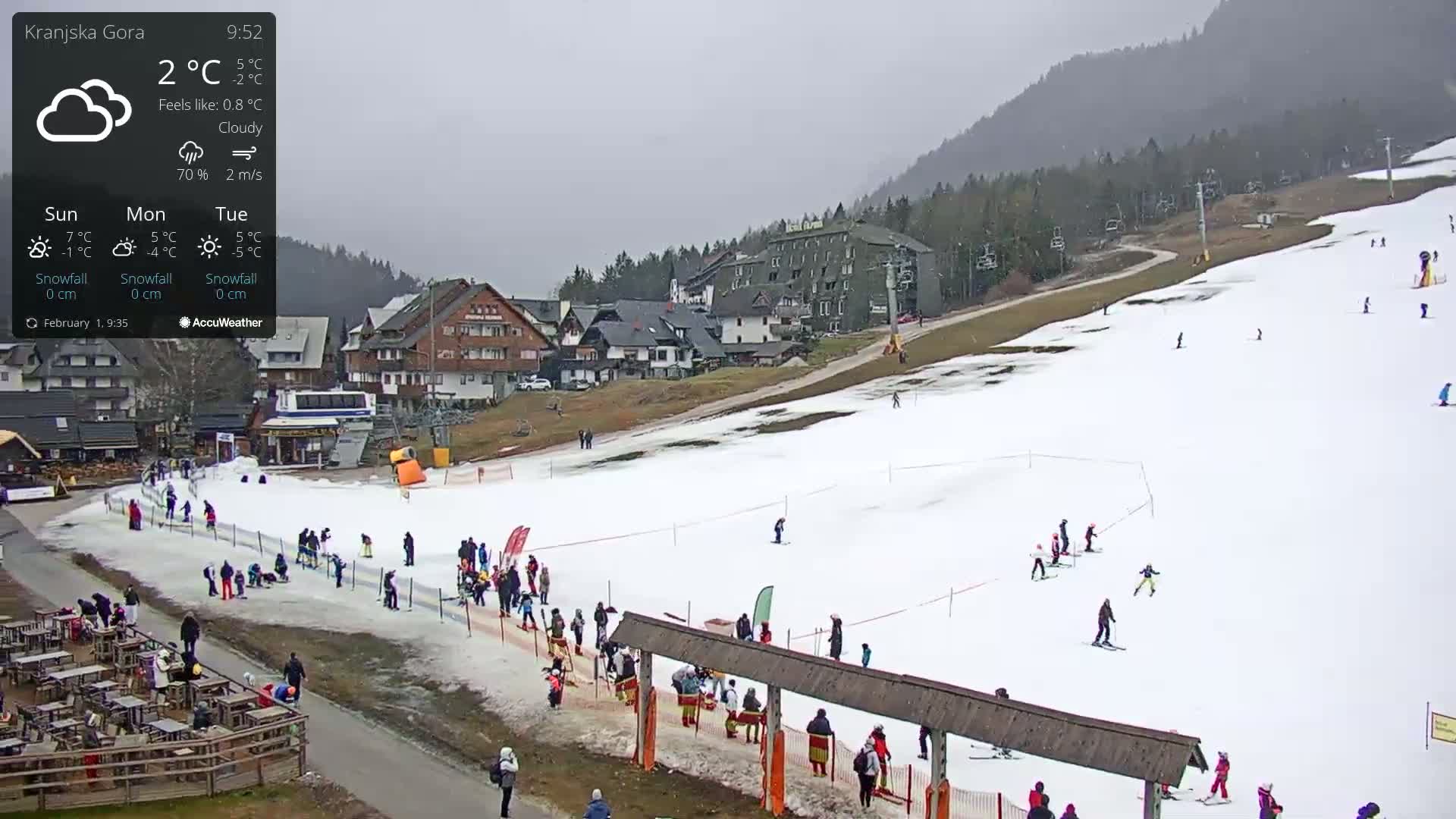 A snowy ski slope with several skiers and snowboarders, under cloudy skies, overlooks a village of buildings.