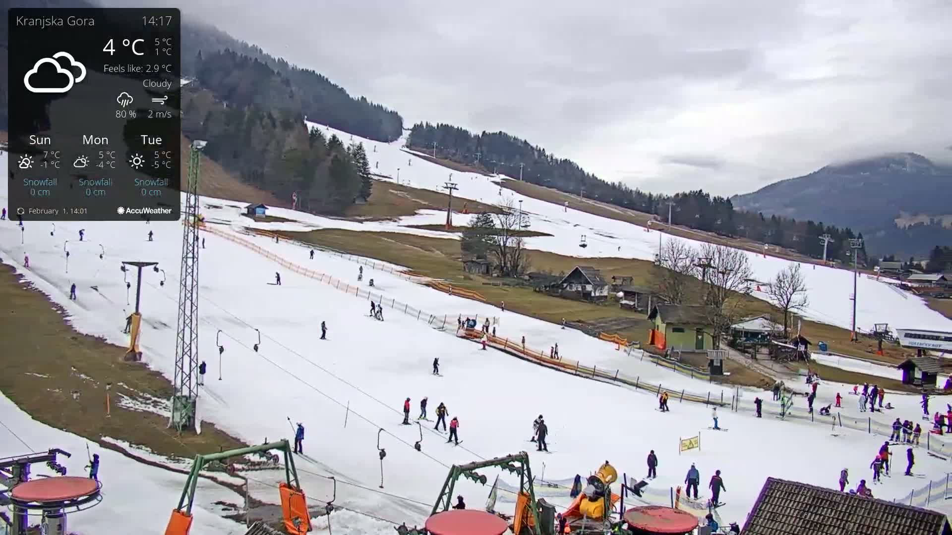 A ski slope with several skiers and snowboarders under a cloudy sky.