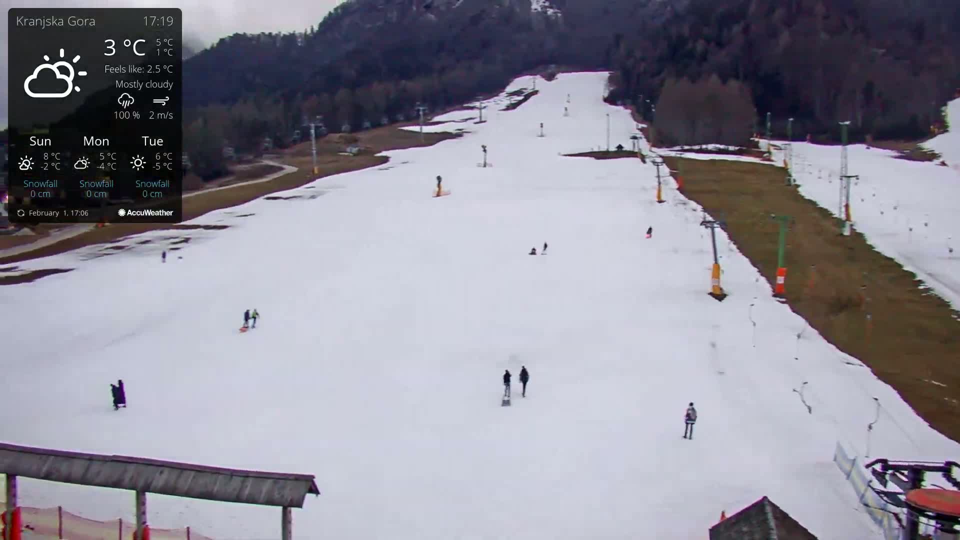 A mostly cloudy, snow-covered ski slope with several people and ski lifts visible.