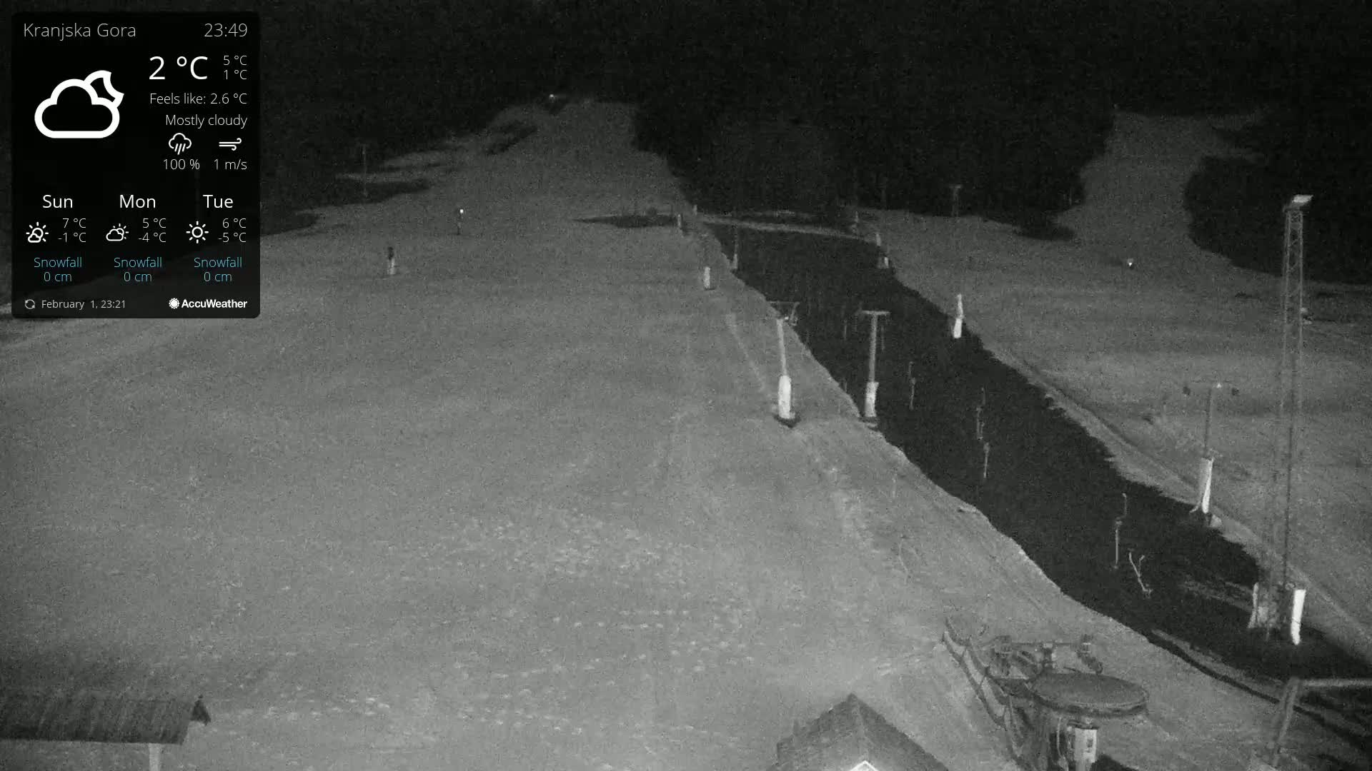 A mostly cloudy night scene shows a snow-covered ski slope with several light posts along its edge.