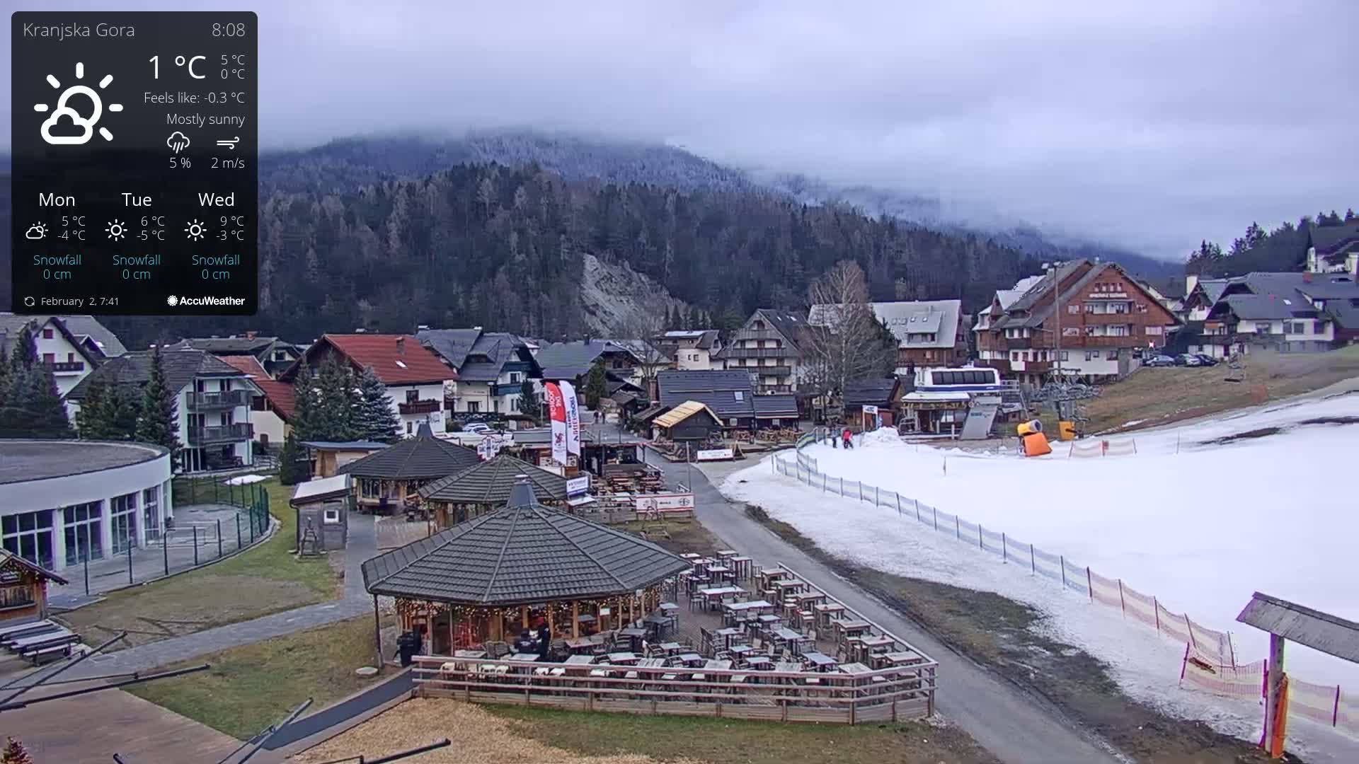 A mostly sunny, cold day overlooks a snow-dusted village nestled in a mountain valley.