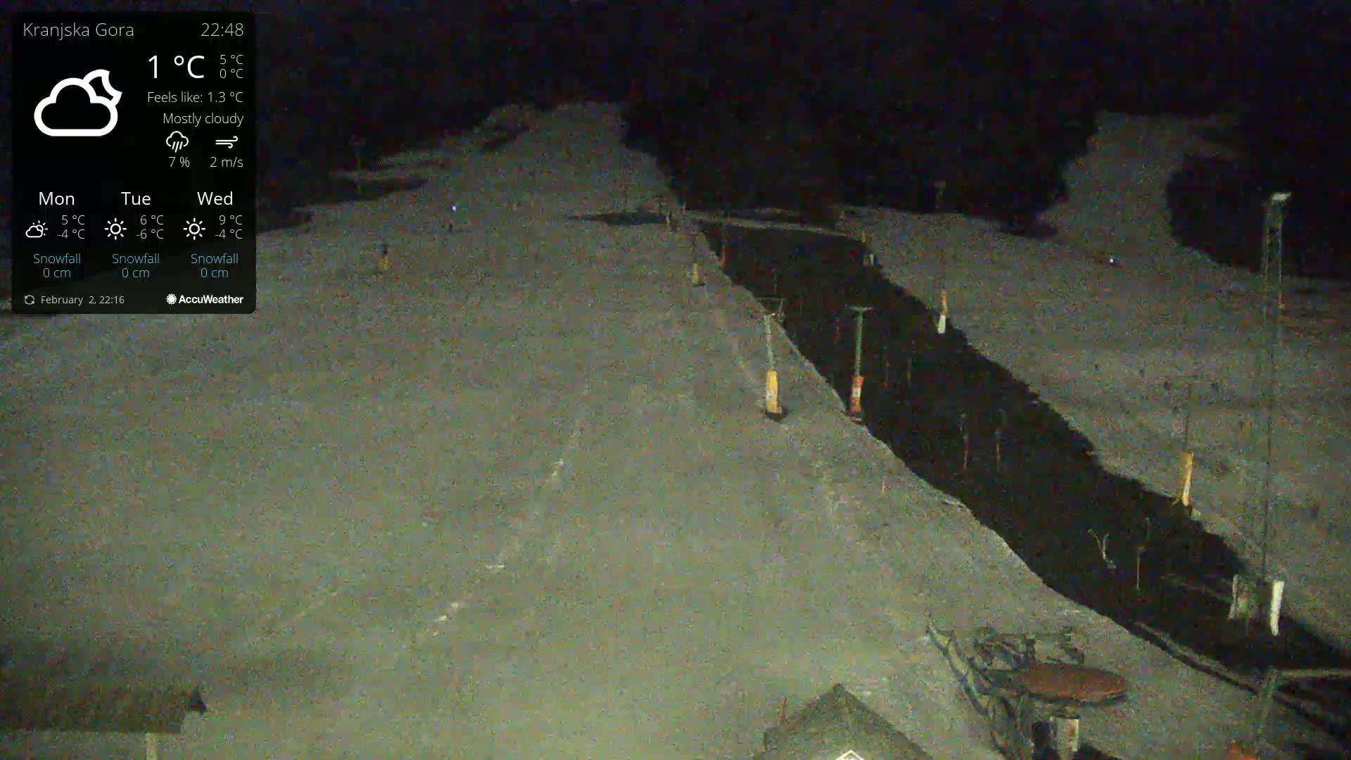A mostly cloudy night scene shows a snow-covered slope with some markers and equipment at the bottom under dim nighttime lighting.