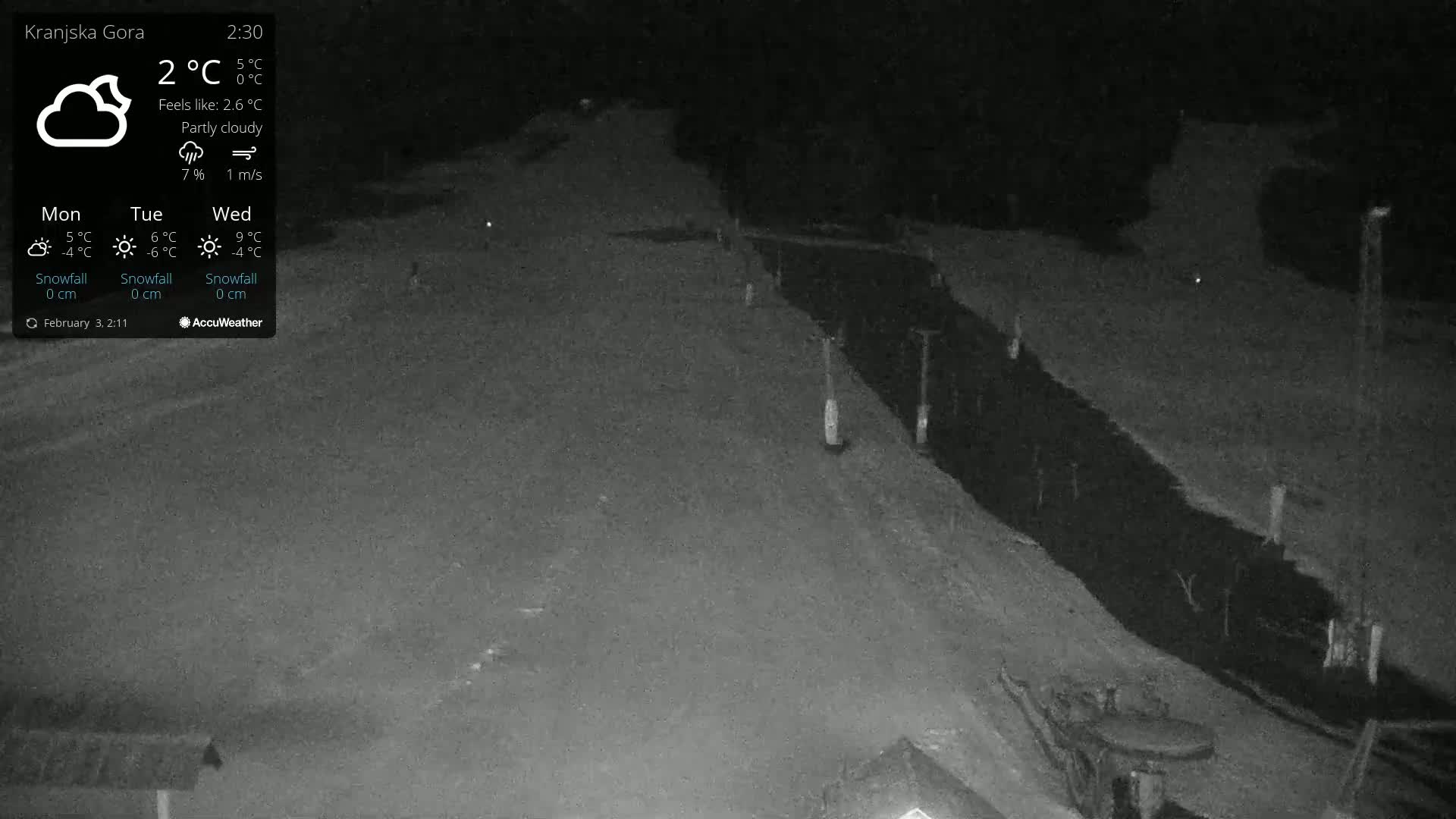 A nighttime, partly cloudy view of a dark road and adjacent embankment under dim lighting.
