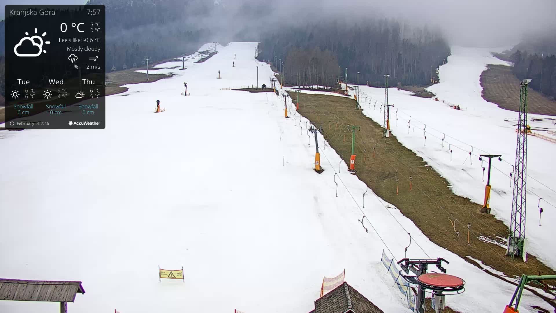 A mostly cloudy, snowy ski slope with several chairlifts is visible under a hazy sky.