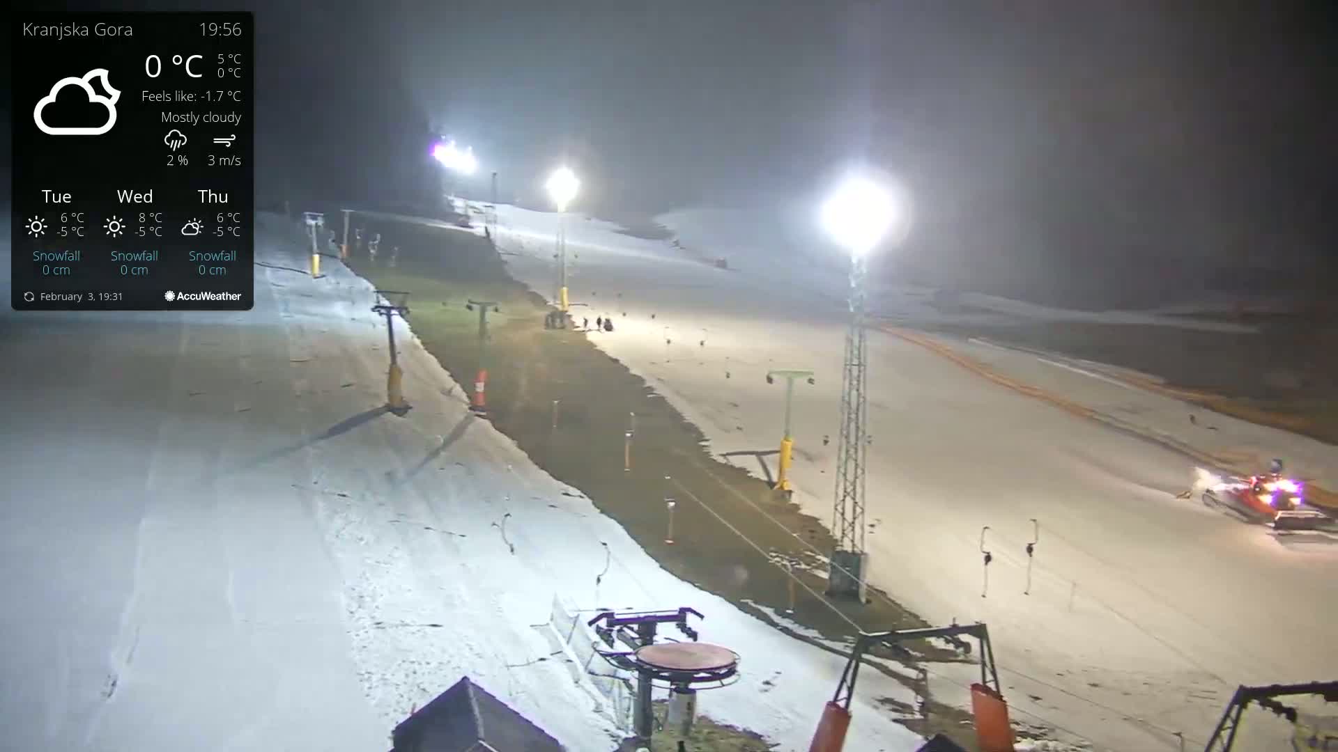 A snow-covered ski slope is lit at night under mostly cloudy skies, with a snow groomer working on the lower section and several people visible on the slope.