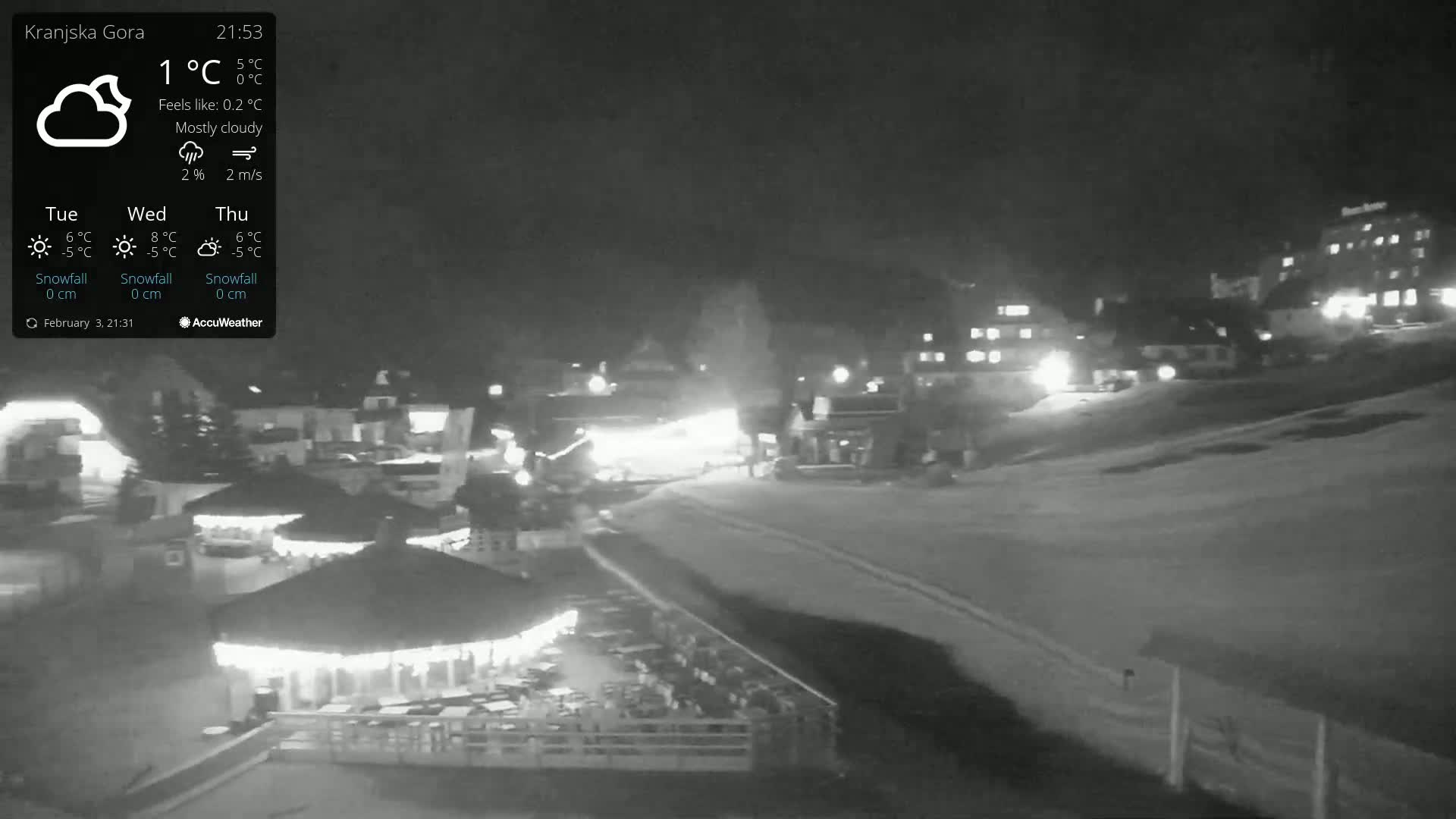 A mostly cloudy night scene shows a snow-covered area with buildings and illuminated structures, including several covered pavilions.