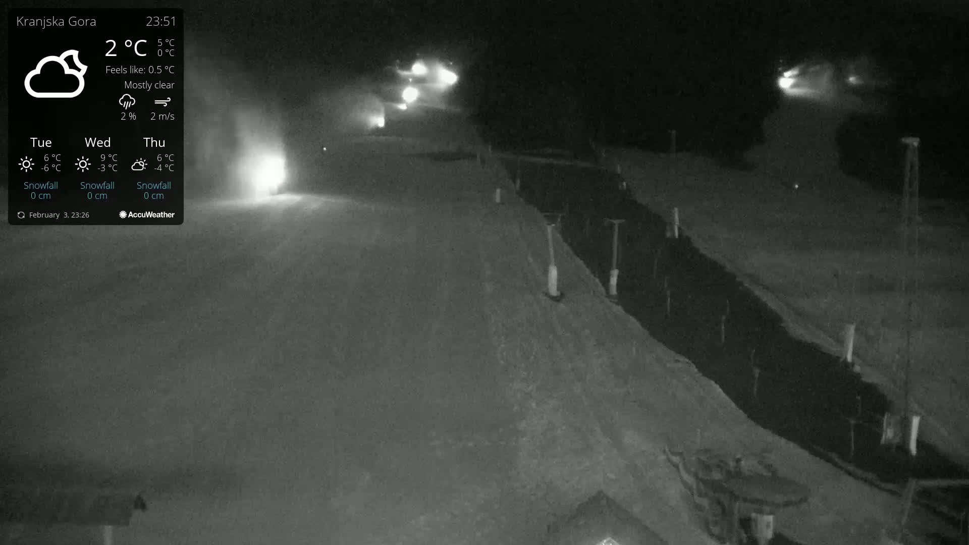 A nighttime, mostly clear scene shows a snow-covered road with vehicles' headlights visible in the distance, under a 2°C temperature.