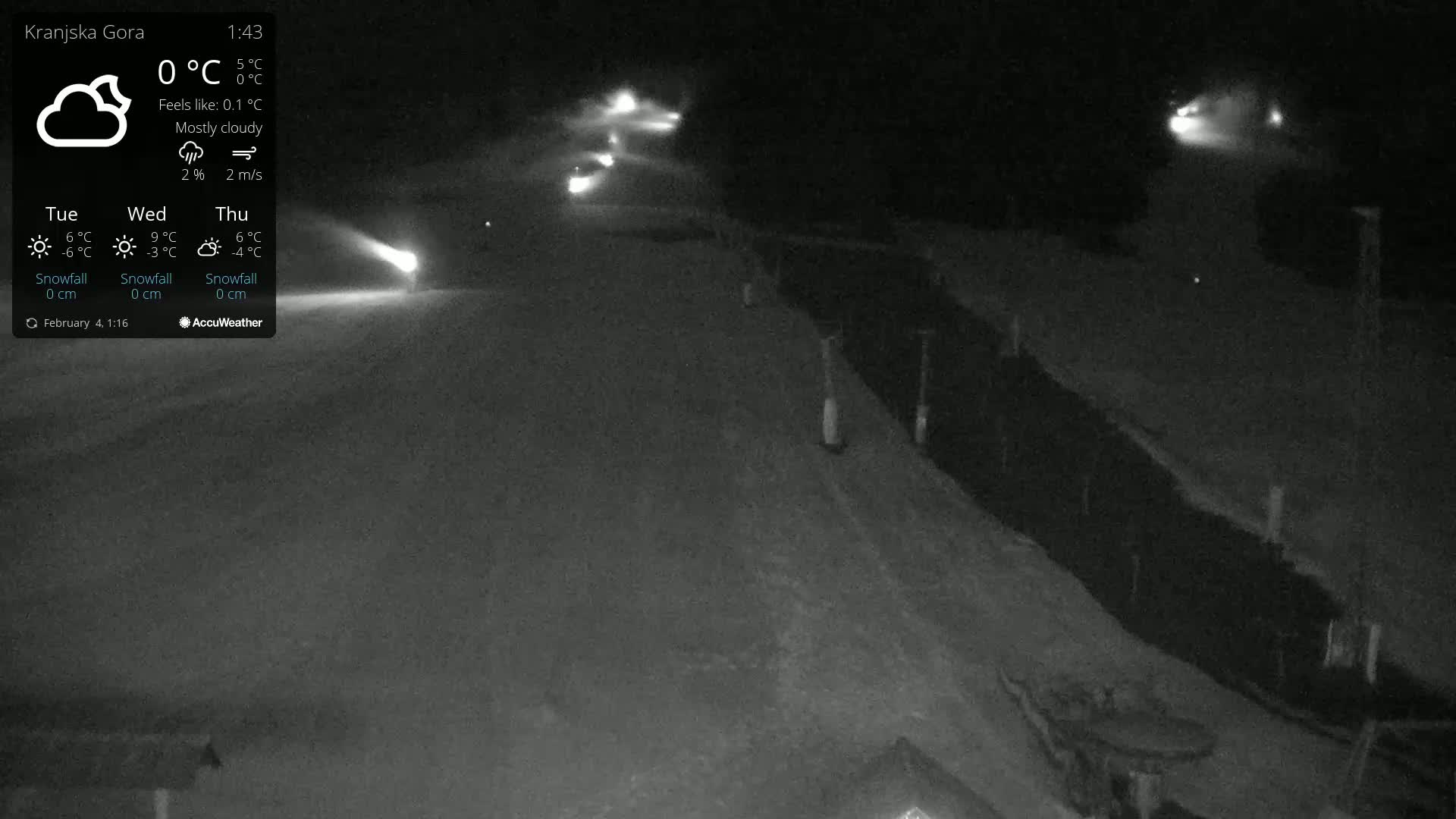 A nighttime, mostly cloudy scene shows a snow-covered road with lights visible in the distance.