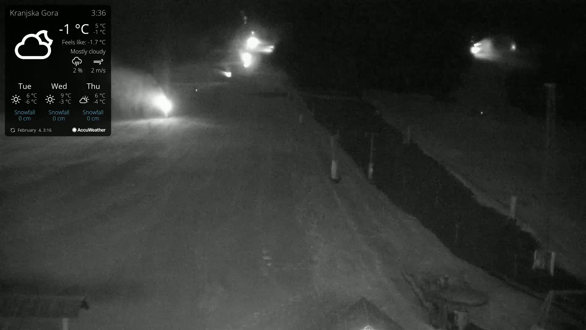 A nighttime, mostly cloudy scene shows a snow-covered road with distant lights under a dark sky.