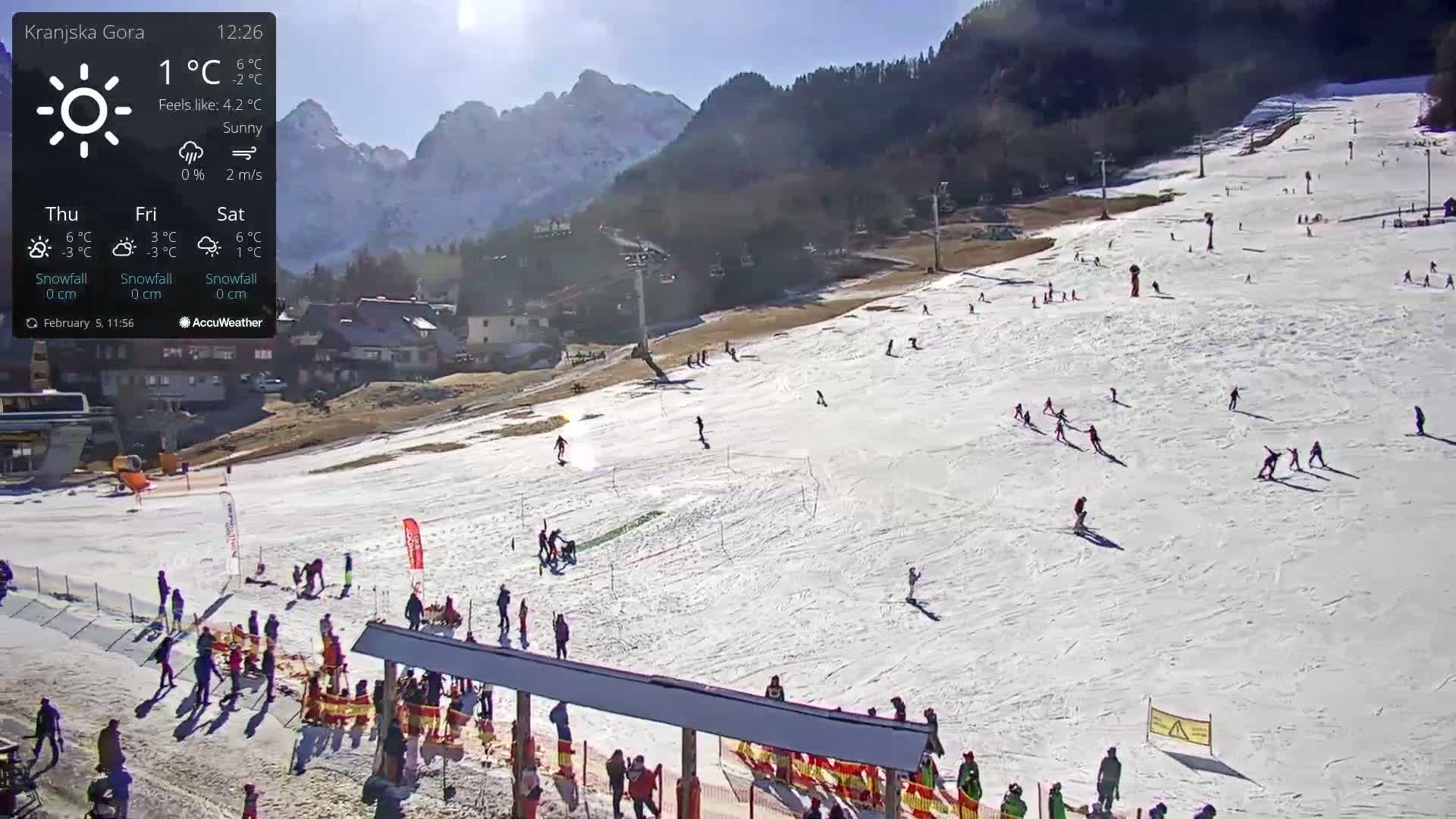 A sunny ski slope with numerous skiers and snowboarders, snow-covered ground, and mountainous terrain in the background.