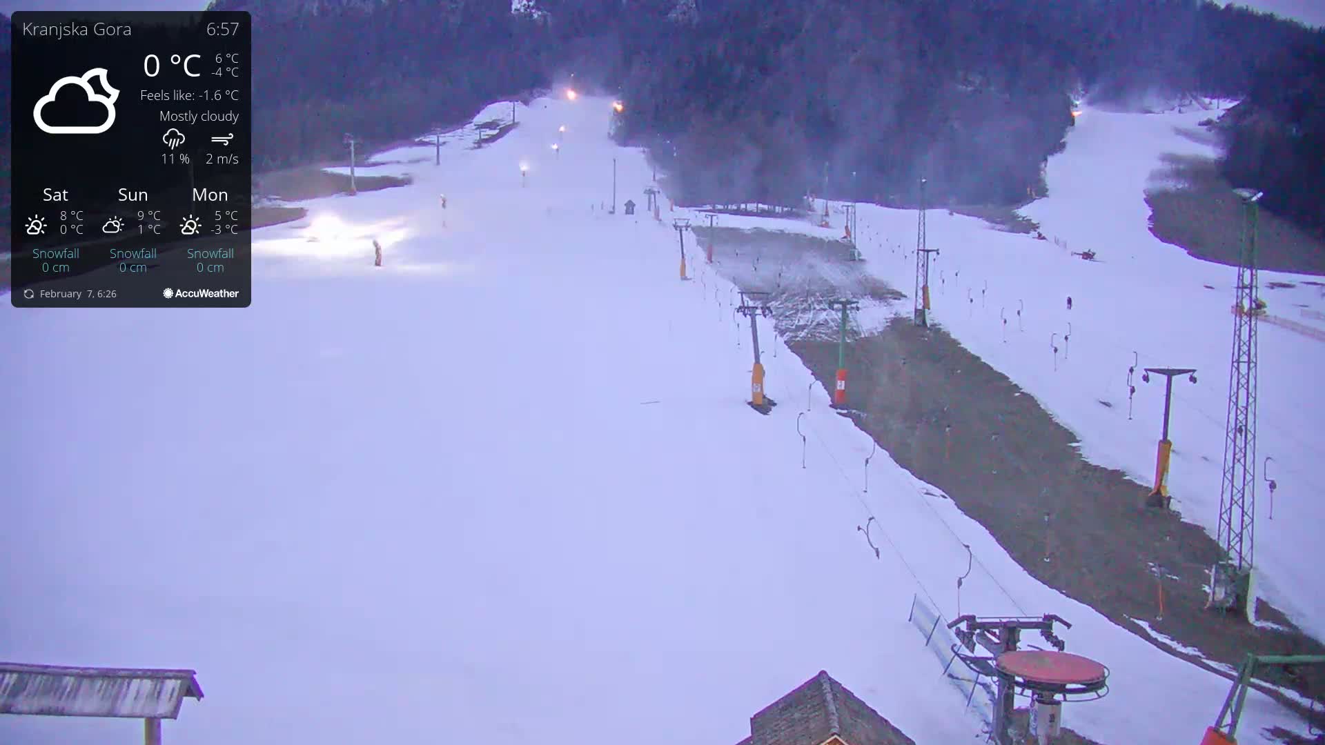 A mostly cloudy, snowy ski slope with several chairlifts and a few skiers visible under the twilight sky.