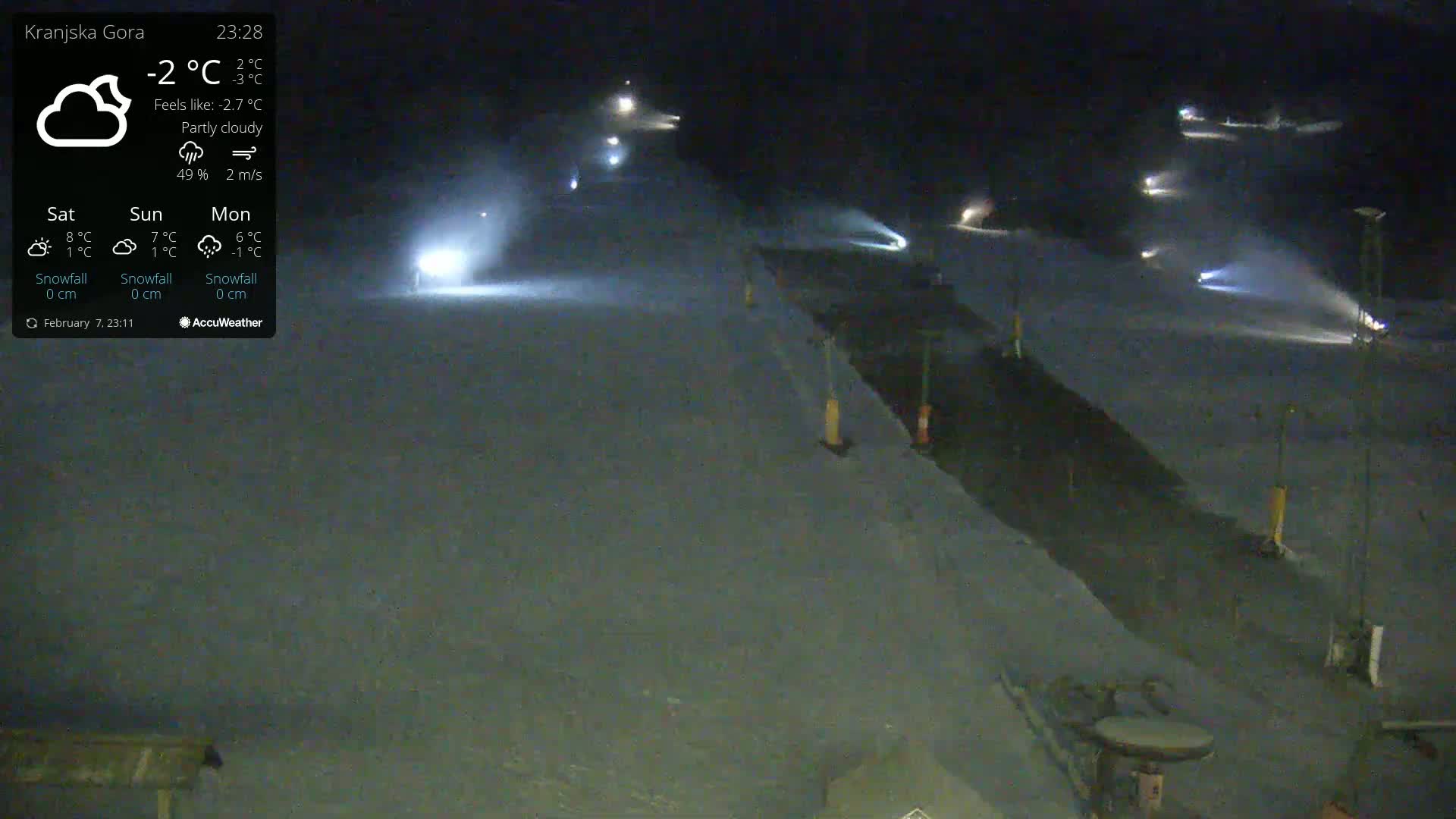 A nighttime, partly cloudy view of a snow-covered ski slope with several lights illuminating skiers or snowboarders.