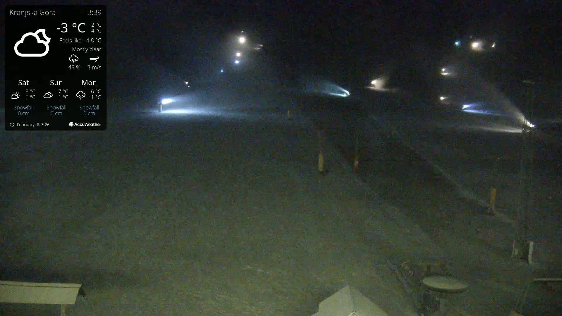 A mostly clear night scene shows a snow-covered area illuminated by several distant lights under a -3°C temperature.