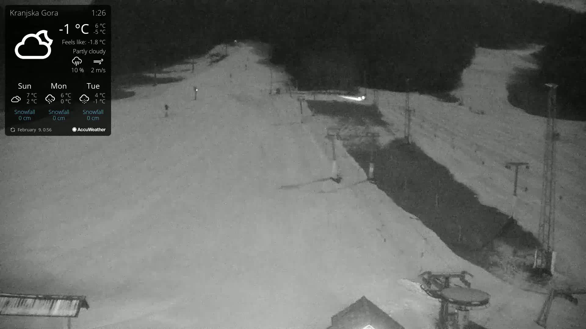 A nighttime, partly cloudy view of a snow-covered ski slope with ski lifts and minimal activity.