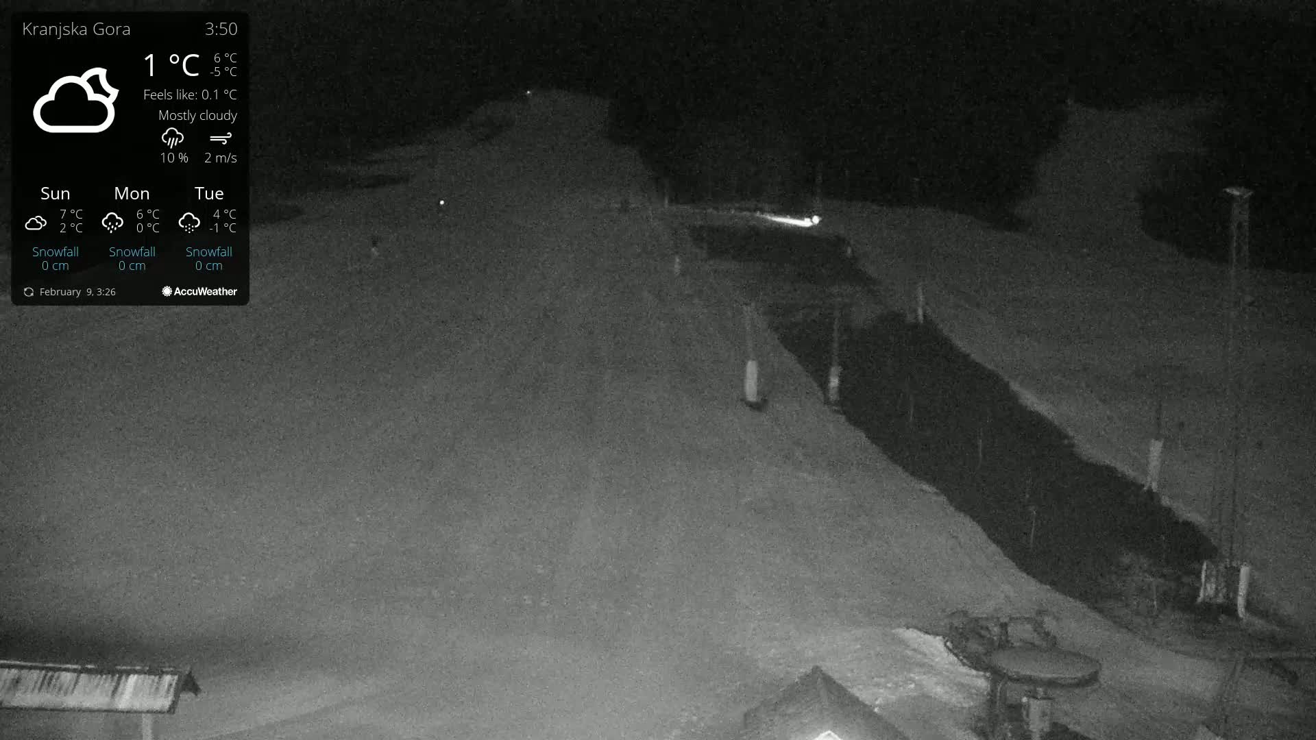 A mostly cloudy nighttime scene shows a snow-covered slope with a dark area appearing to be a road or path.