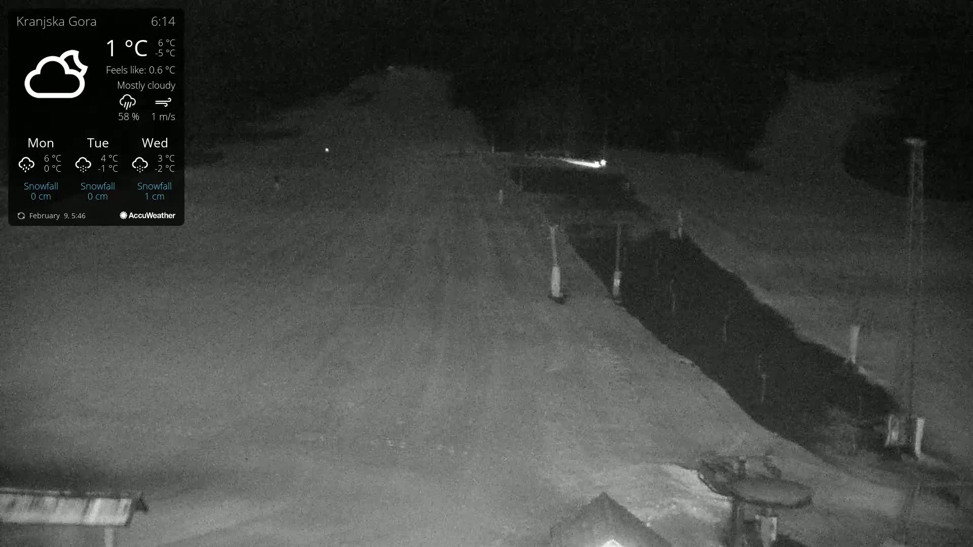 A nighttime, mostly cloudy scene shows a snow-covered area with a dark, possibly paved, path cutting through it, under low-light conditions.