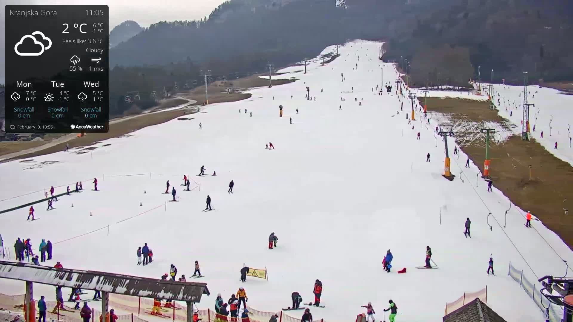 A snowy ski slope with several skiers and snowboarders visible on a cloudy day.