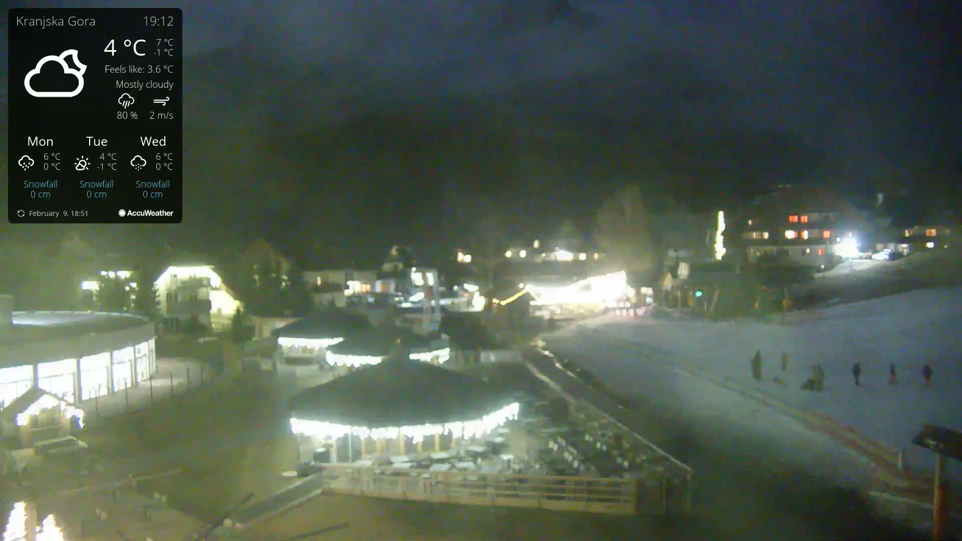 A mostly cloudy night scene shows a snow-covered village with illuminated buildings and several covered outdoor seating areas, with a few people walking on the snow.