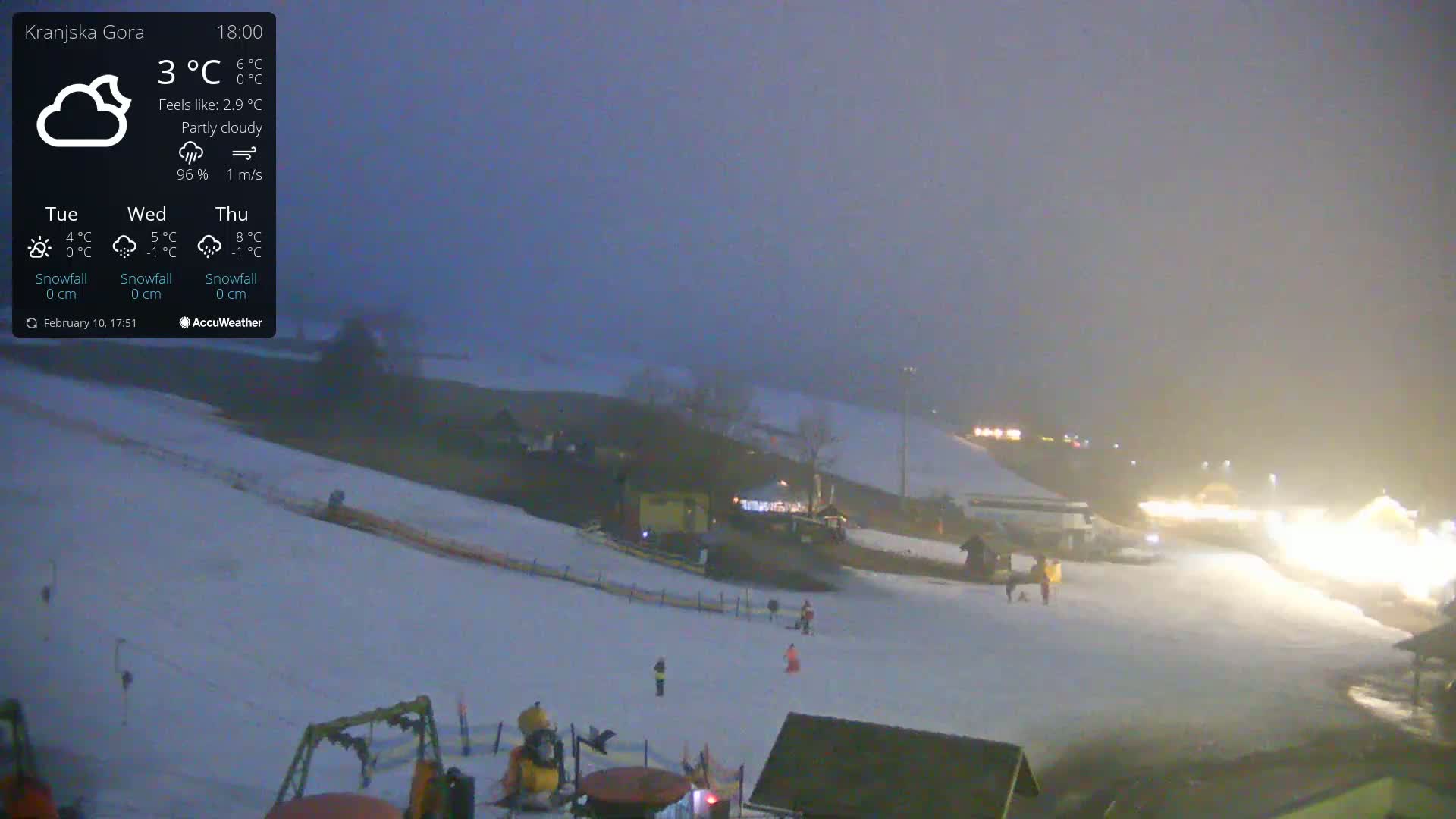 A partly cloudy, nighttime view of a snow-covered ski slope with several people visible and some lights in the distance.