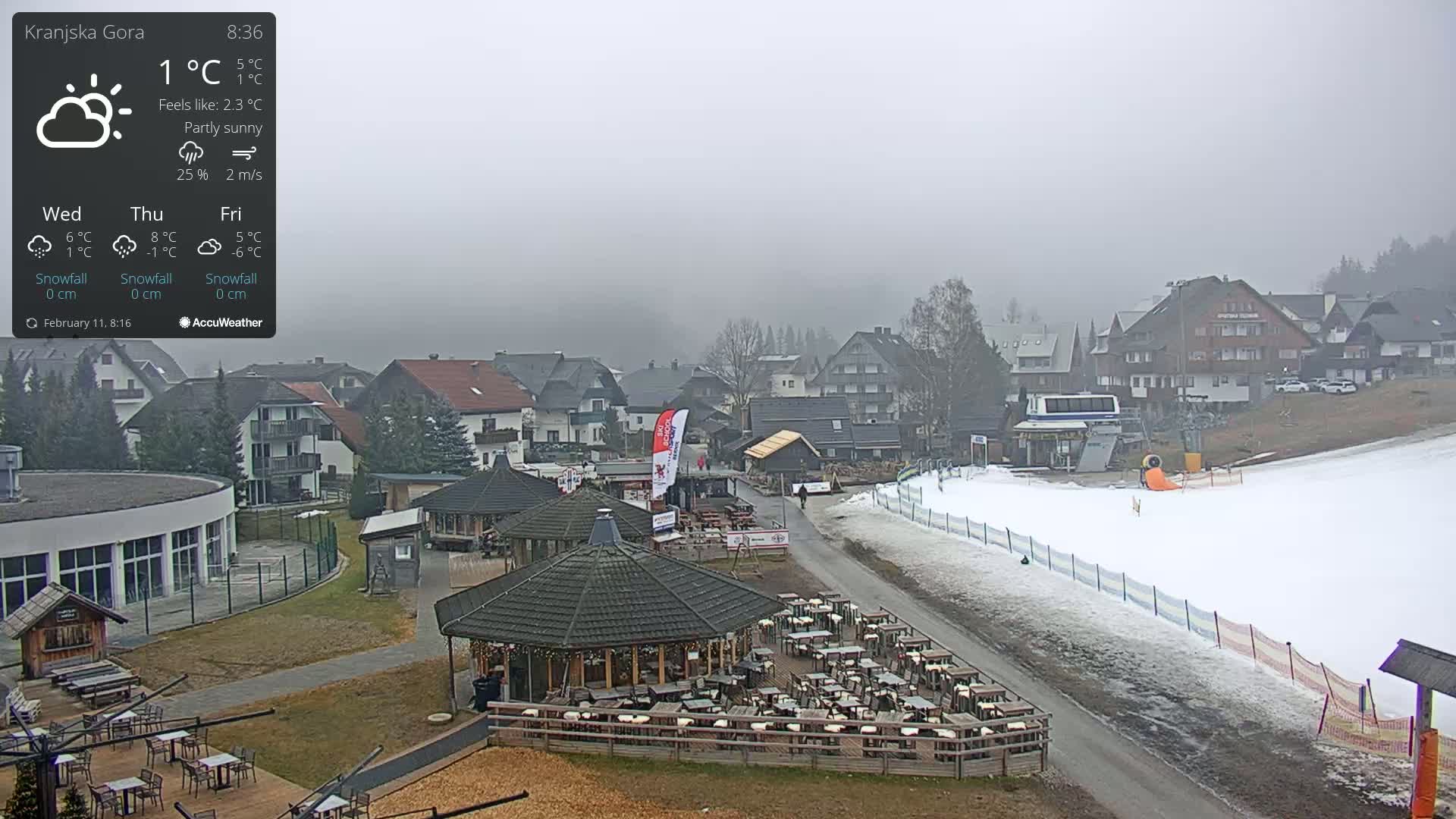 A partly sunny, foggy view of a ski resort town with a small ski slope, several buildings, and outdoor seating areas.
