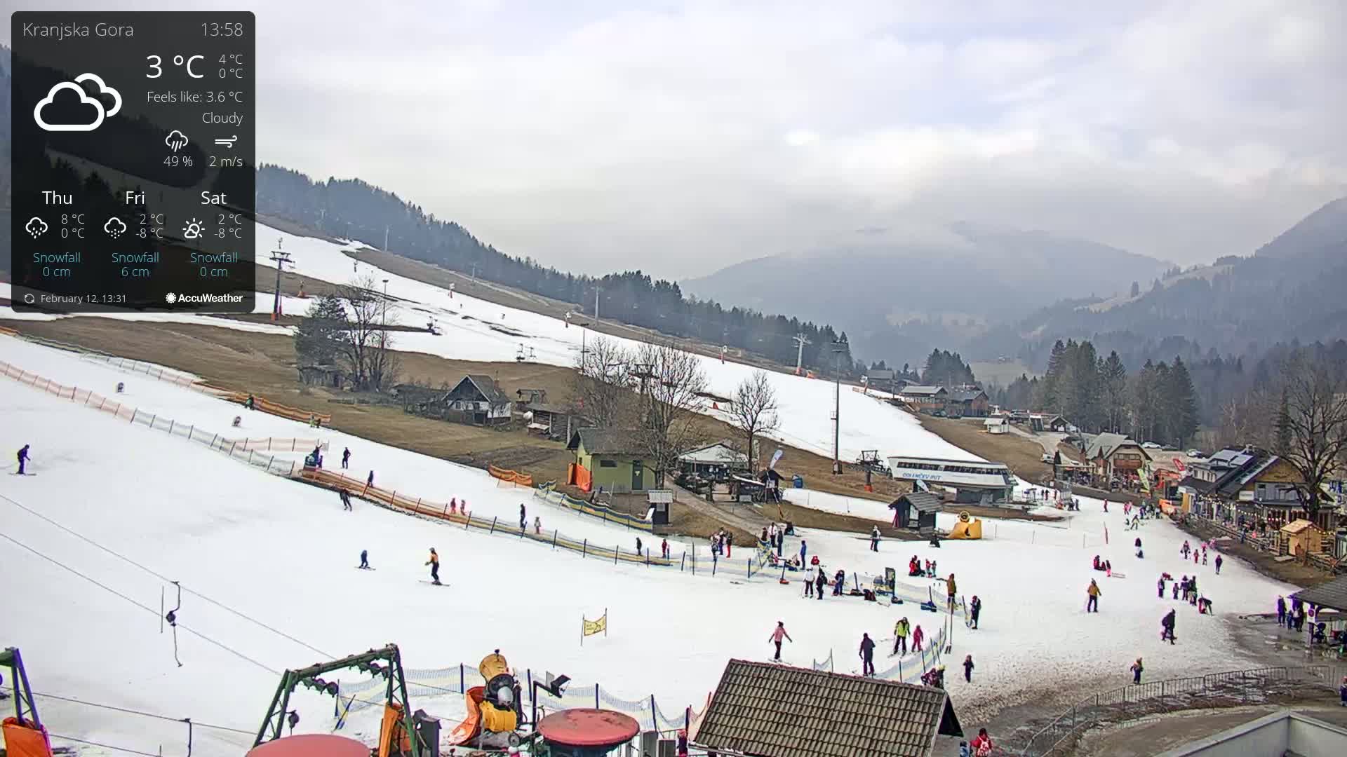 A snowy ski slope with several people skiing and playing, situated in a valley with cloudy weather and mountains in the background.