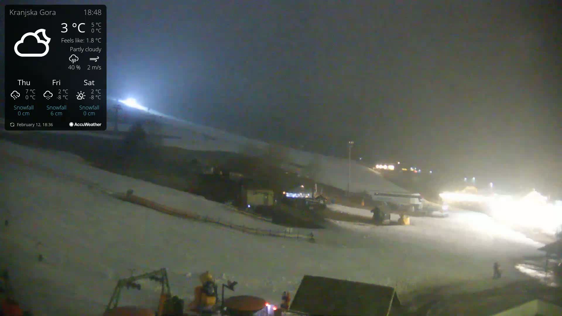 A snow-covered landscape at night under partly cloudy skies is illuminated by artificial lights, with some structures and vehicles visible in the distance.