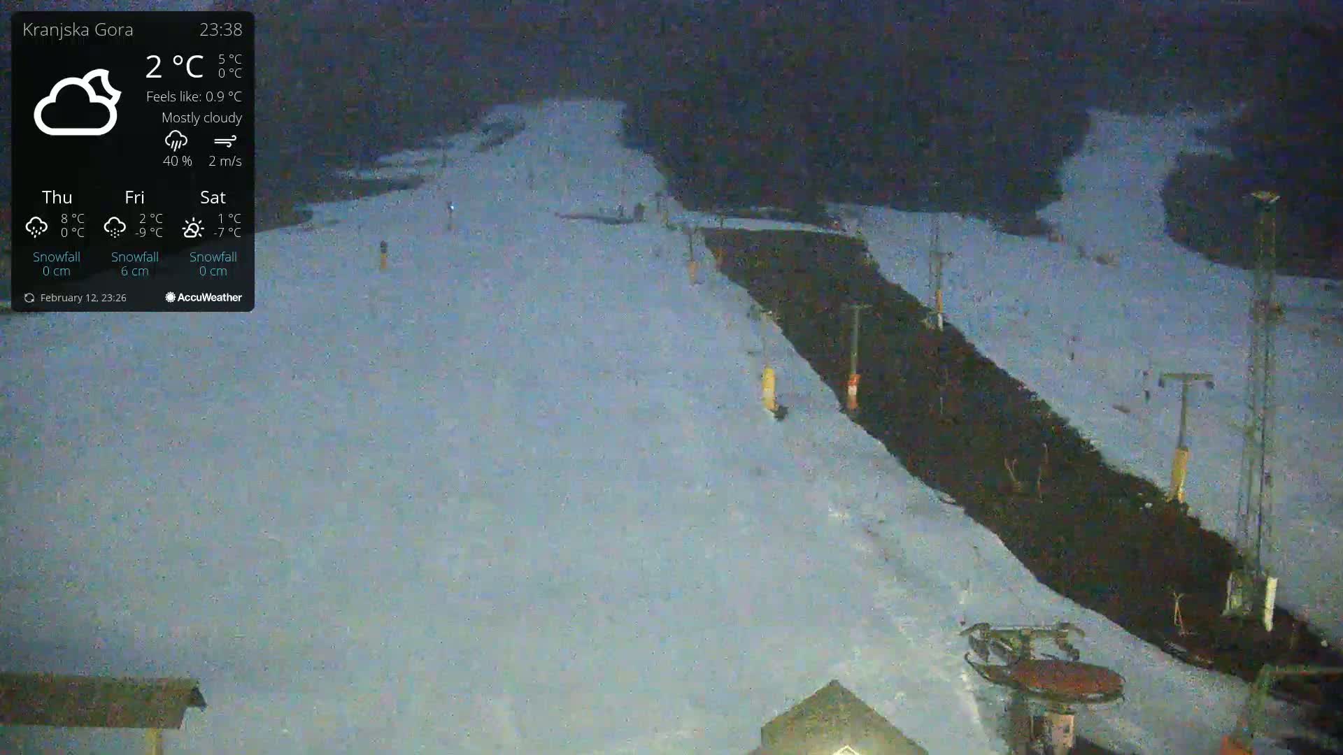 A mostly cloudy night scene shows a snow-covered ski slope with a ski lift visible under dim lighting.