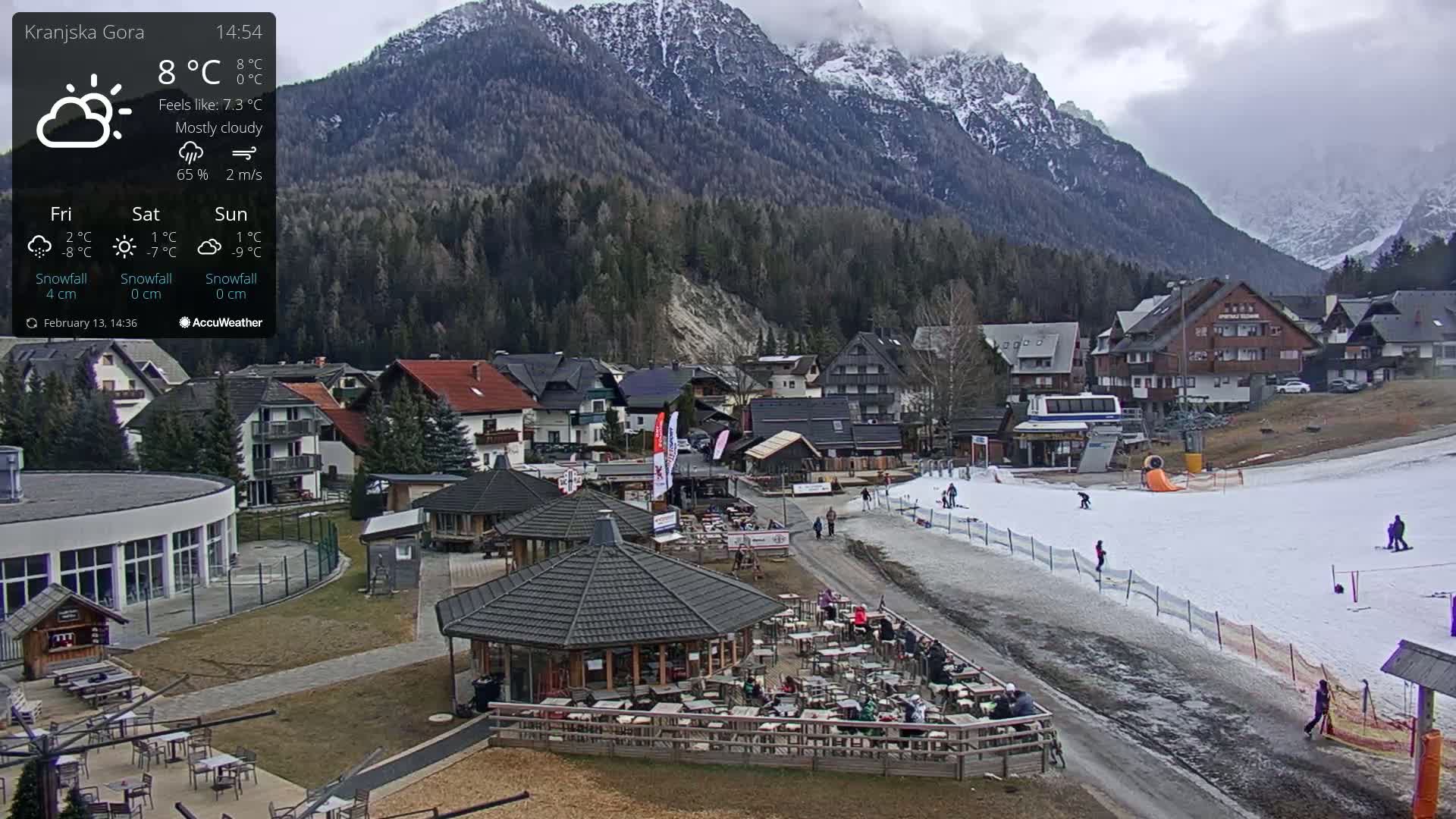 A mostly cloudy mountain village scene with a small outdoor cafe, a snowy ski slope, and several people visible.