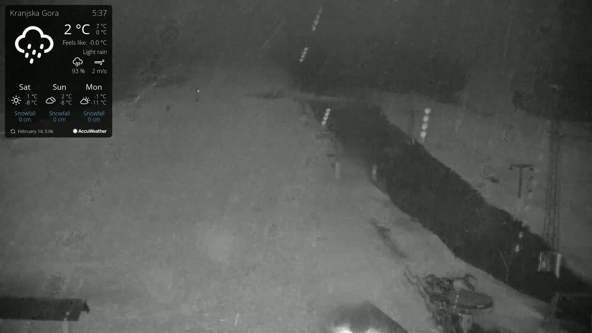 A nighttime, low-light image shows a snow-covered area with light rain falling.