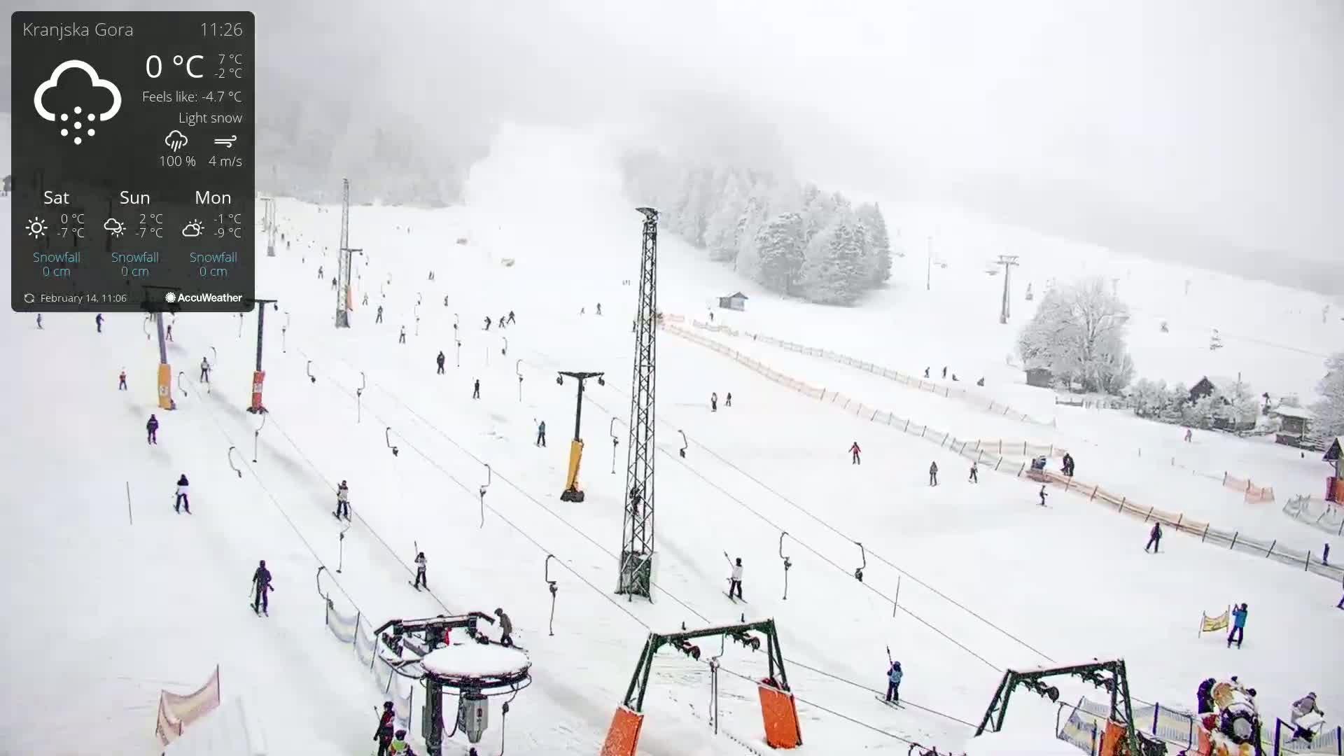 A snowy ski slope with several skiers and chairlifts under light snow.