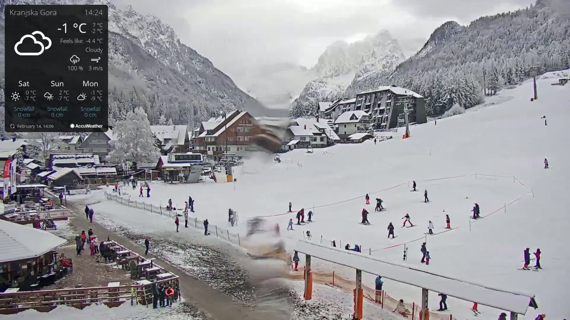 A snowy ski resort with several skiers and snowboarders on the slopes, buildings, and people walking around in a cloudy, cold (-1°C) setting.